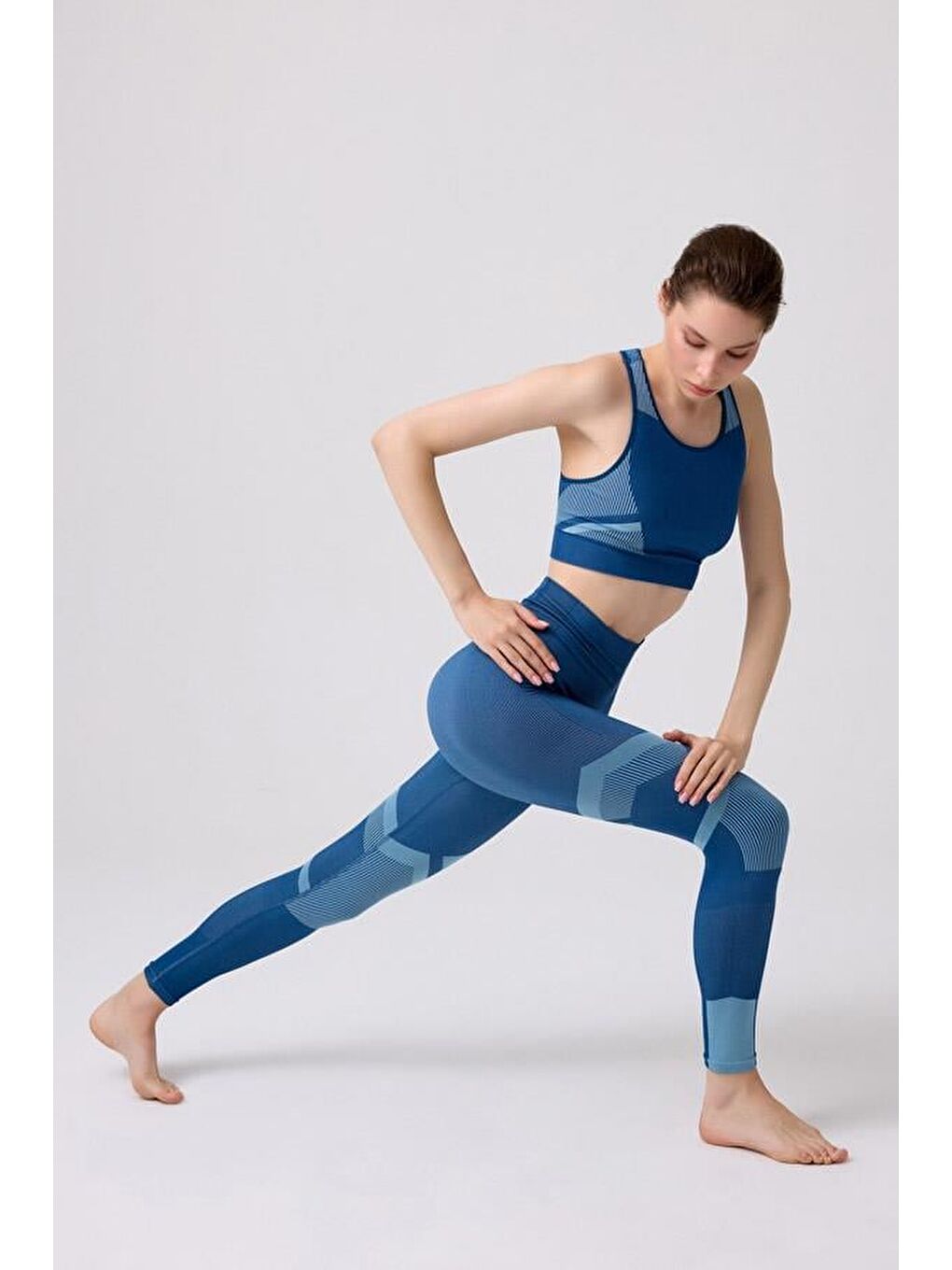 Turkuaz Seamless Mavi Takım Sporcu Yüksek Bel Tayt Ve Kalın Askılı Balensiz Crop Top Büstiyer-3