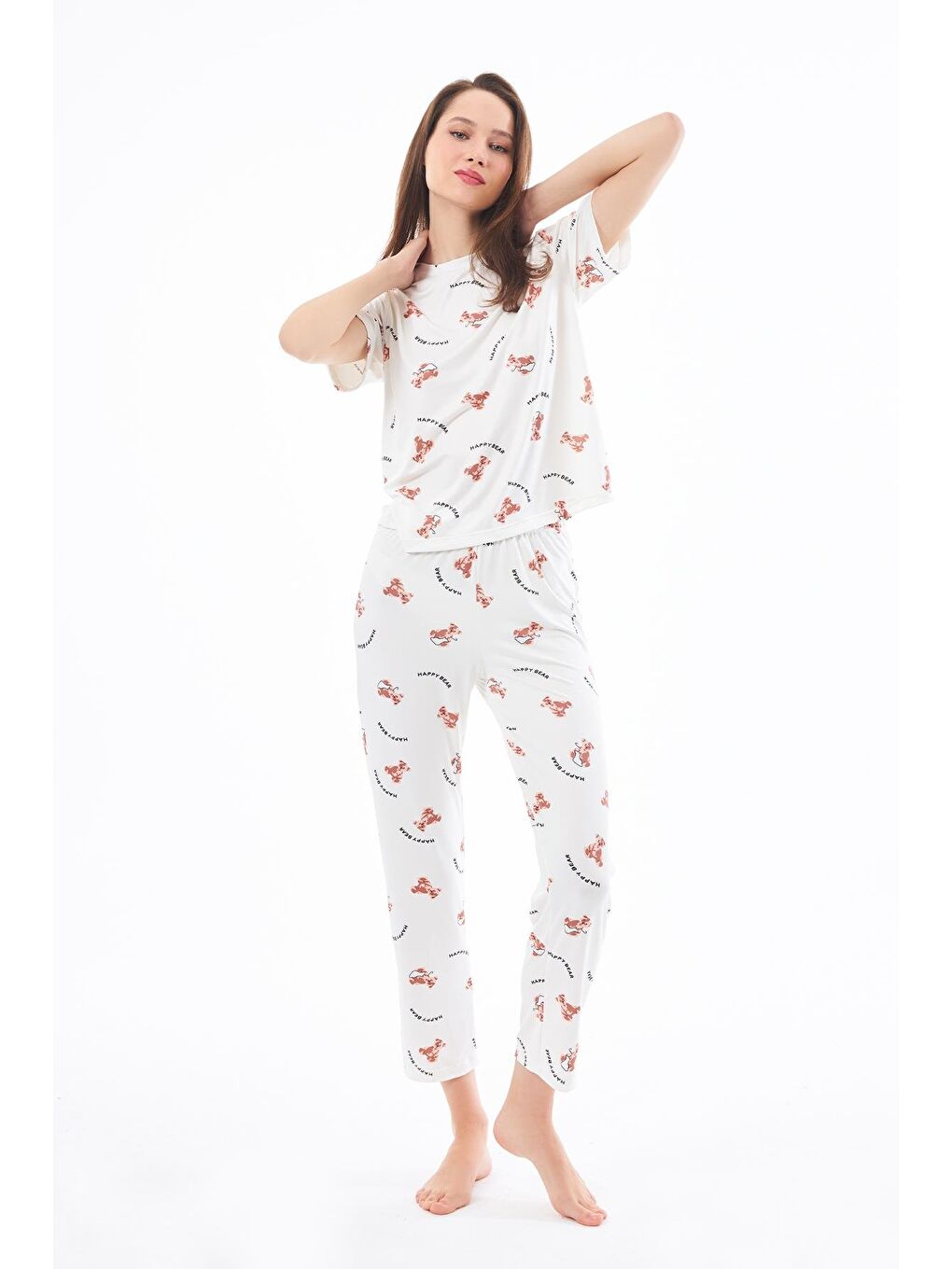 Ekru Premium Kadın Pijama Takımı Ayıcık Desenli Yumuşak Dokulu Kısa Kollu Bisiklet Yaka