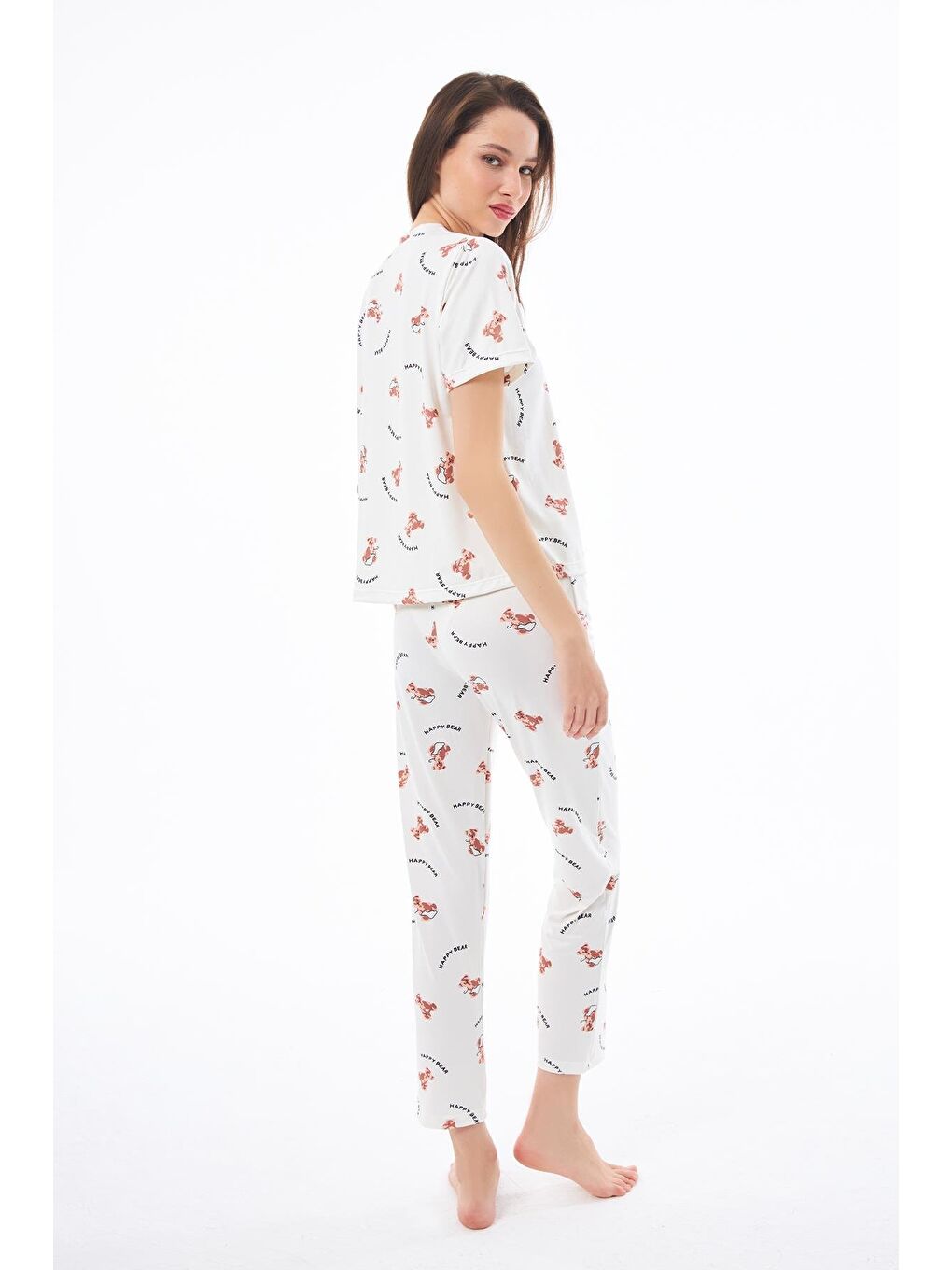 Ekru Premium Kadın Pijama Takımı Ayıcık Desenli Yumuşak Dokulu Kısa Kollu Bisiklet Yaka-1