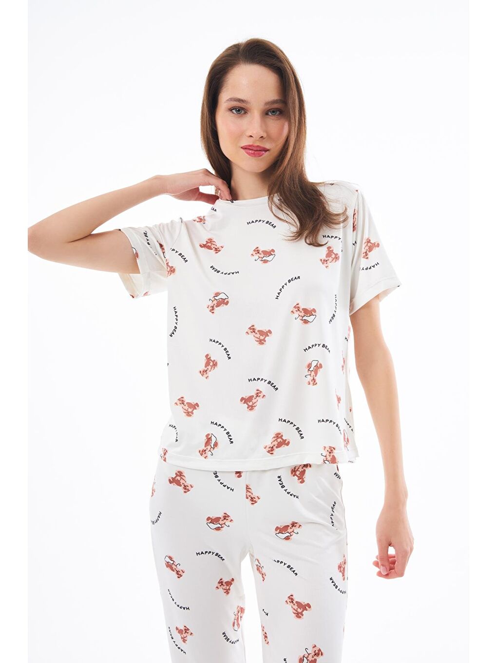 Ekru Premium Kadın Pijama Takımı Ayıcık Desenli Yumuşak Dokulu Kısa Kollu Bisiklet Yaka-2