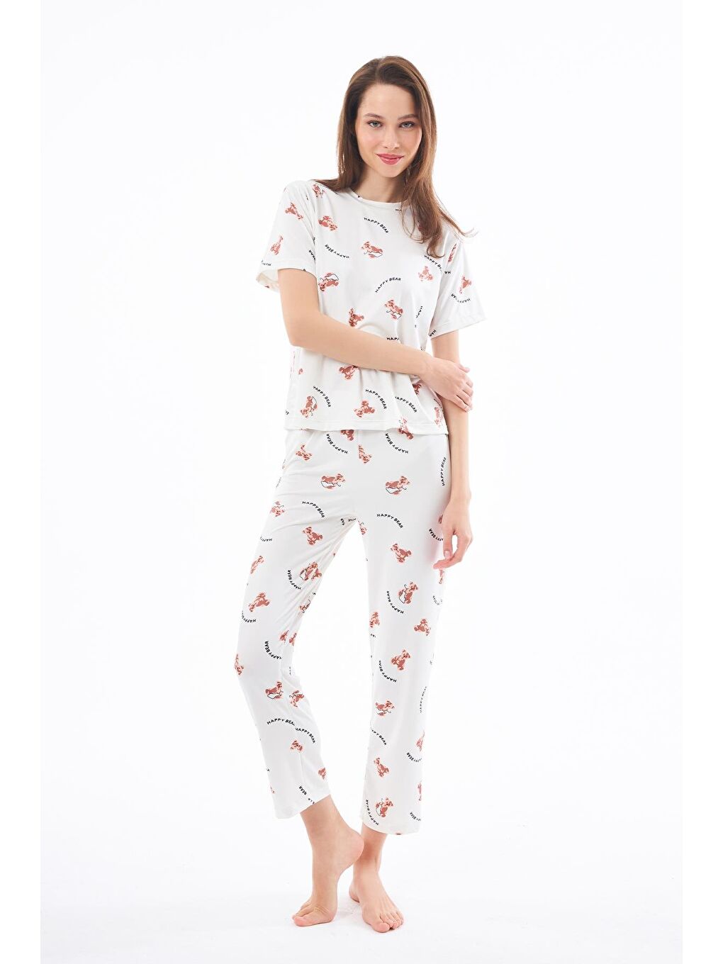 Ekru Premium Kadın Pijama Takımı Ayıcık Desenli Yumuşak Dokulu Kısa Kollu Bisiklet Yaka-3