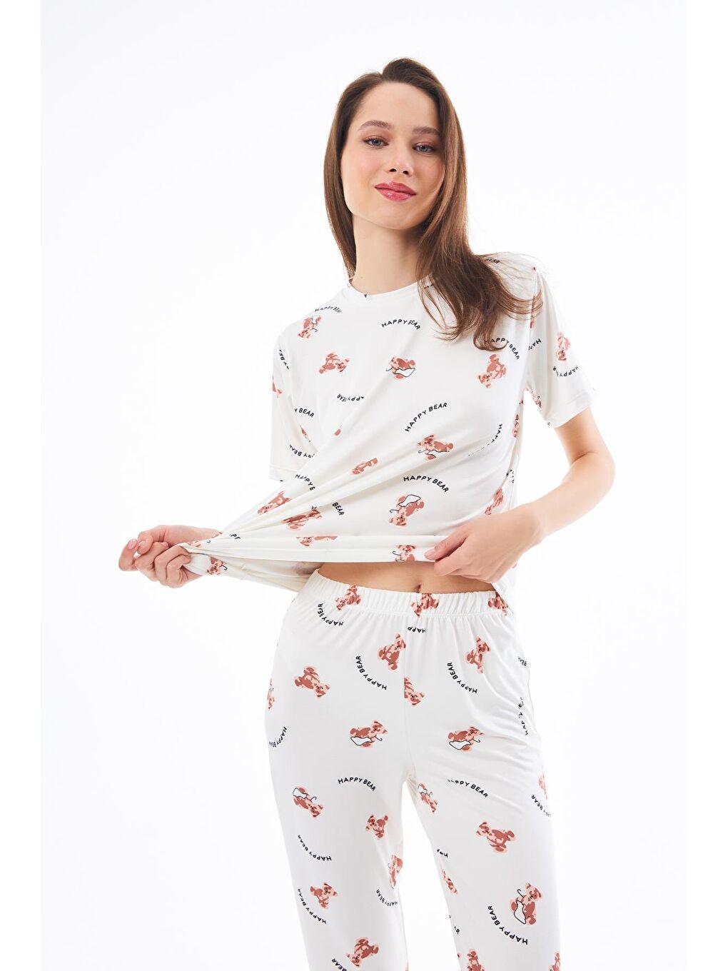 Ekru Premium Kadın Pijama Takımı Ayıcık Desenli Yumuşak Dokulu Kısa Kollu Bisiklet Yaka-6