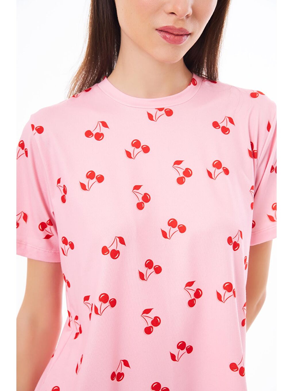 Pembe Premium Kadın Pijama Takımı Kiraz Desenli Yumuşak Dokulu Kısa Kollu Bisiklet Yaka-7