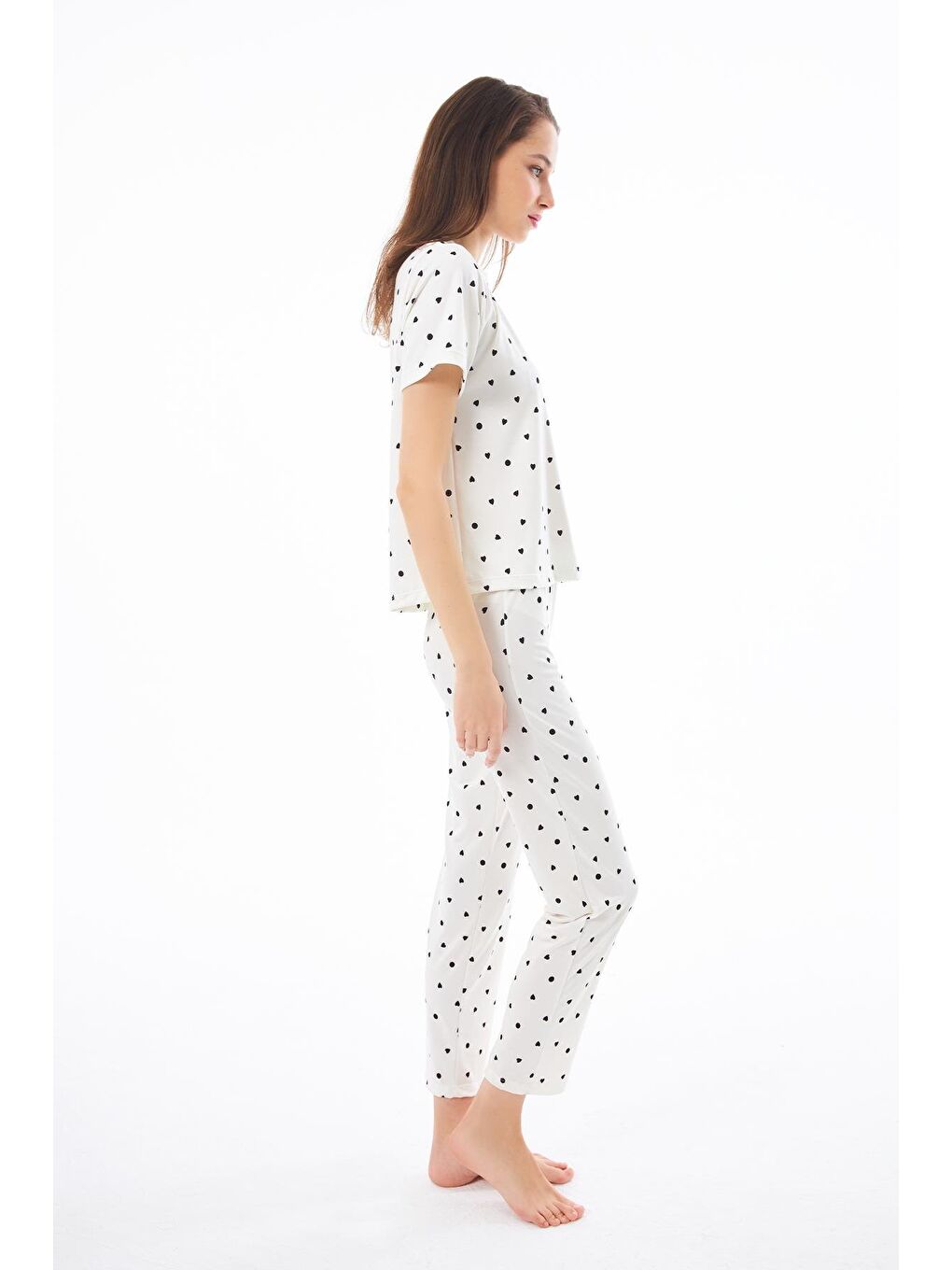 Ekru Premium Kadın Pijama Takımı Krem Kalp Desenli Yumuşak Dokulu Kısa Kollu Bisiklet Yaka-4