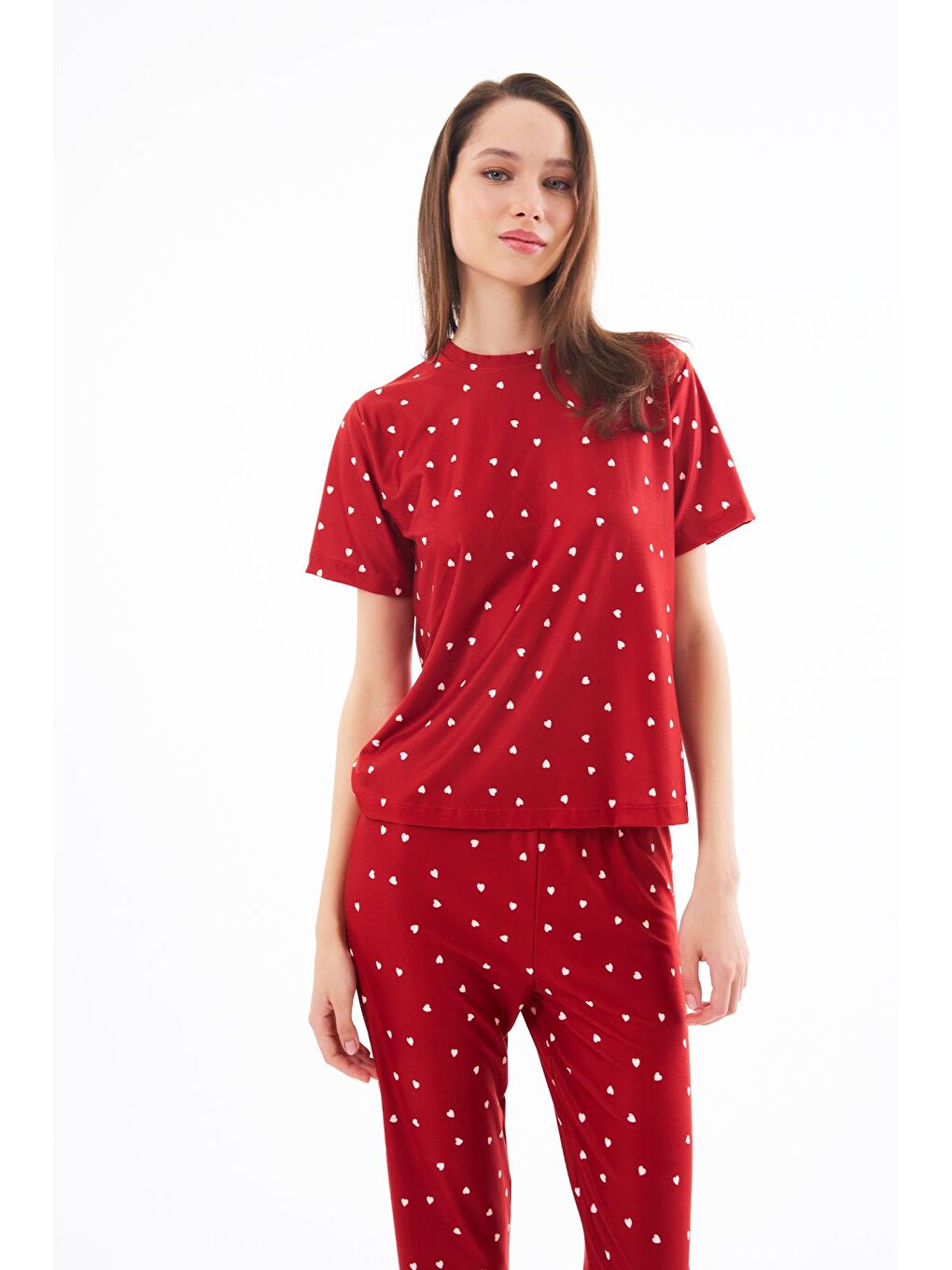 Premium Kadın Pijama Takımı Kırmızı Kalp Desenli Yumuşak Dokulu Kısa Kollu Bisiklet Yaka-2