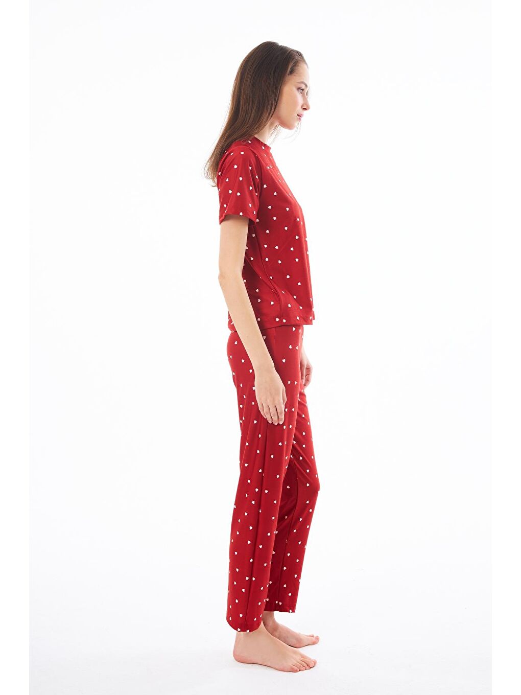 Premium Kadın Pijama Takımı Kırmızı Kalp Desenli Yumuşak Dokulu Kısa Kollu Bisiklet Yaka-5