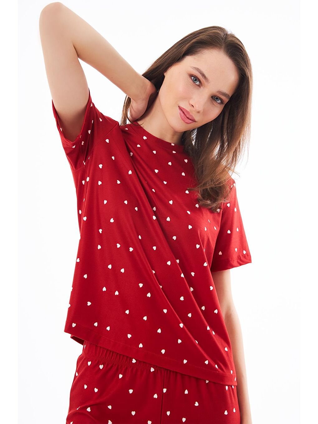 Premium Kadın Pijama Takımı Kırmızı Kalp Desenli Yumuşak Dokulu Kısa Kollu Bisiklet Yaka-7