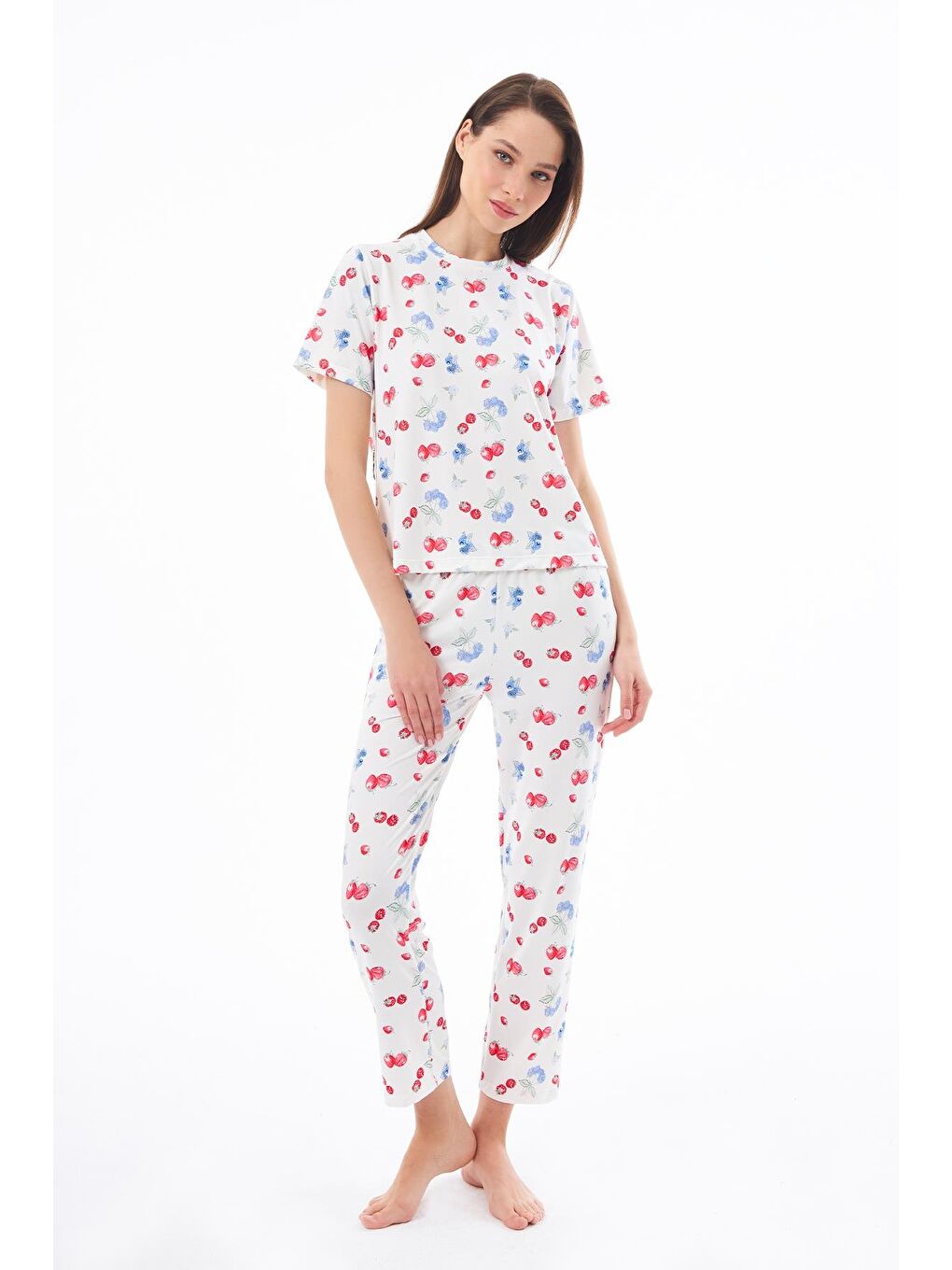 Ekru Premium Kadın Pijama Takımı Meyve Desenli Yumuşak Dokulu Kısa Kollu Bisiklet Yaka-3
