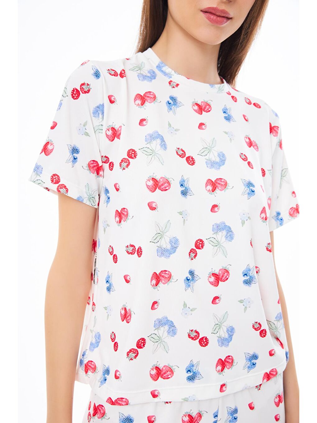 Ekru Premium Kadın Pijama Takımı Meyve Desenli Yumuşak Dokulu Kısa Kollu Bisiklet Yaka-4