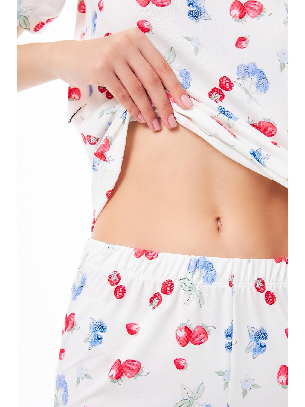 Ekru Premium Kadın Pijama Takımı Meyve Desenli Yumuşak Dokulu Kısa Kollu Bisiklet Yaka-5