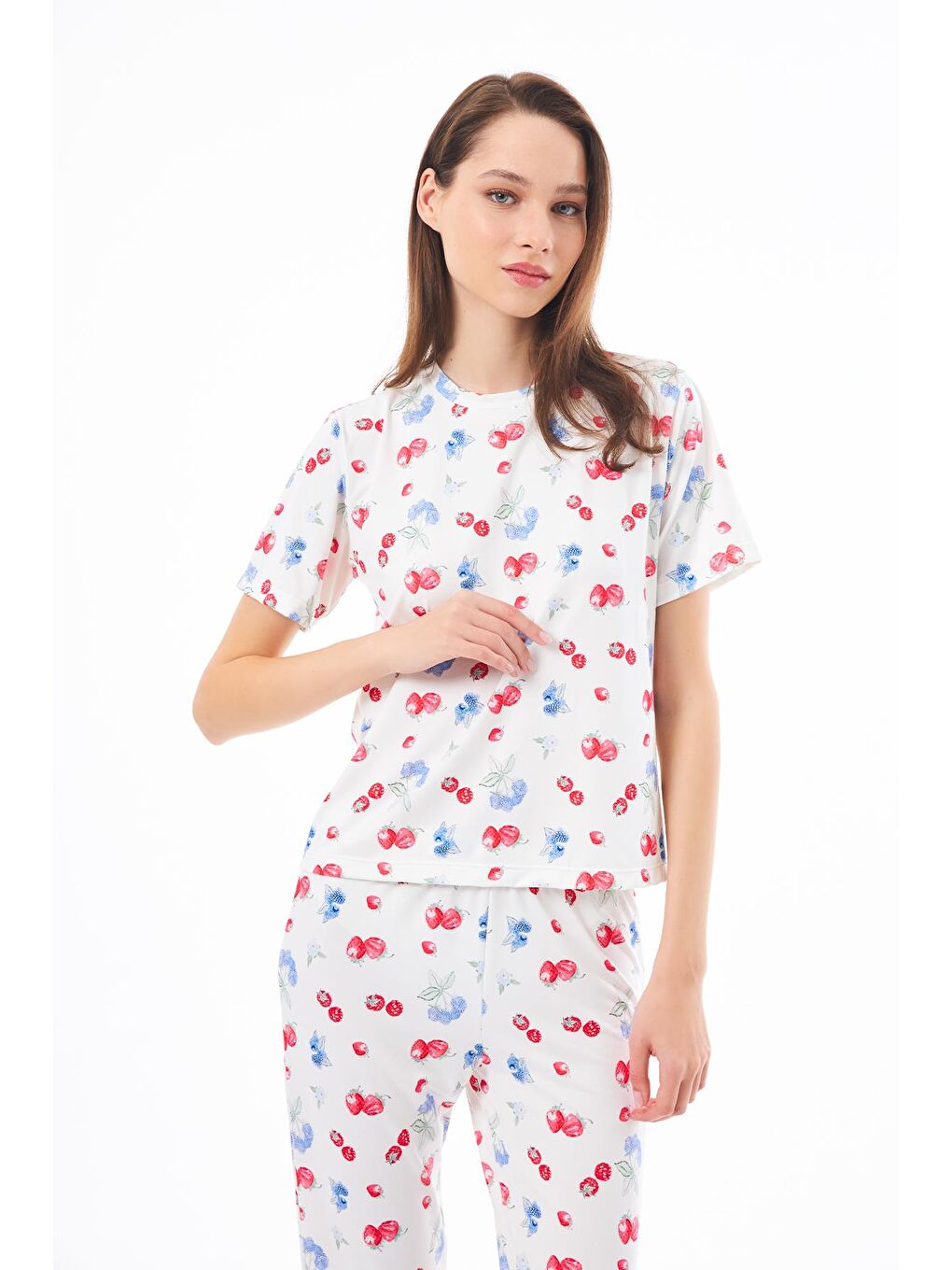 Ekru Premium Kadın Pijama Takımı Meyve Desenli Yumuşak Dokulu Kısa Kollu Bisiklet Yaka-6