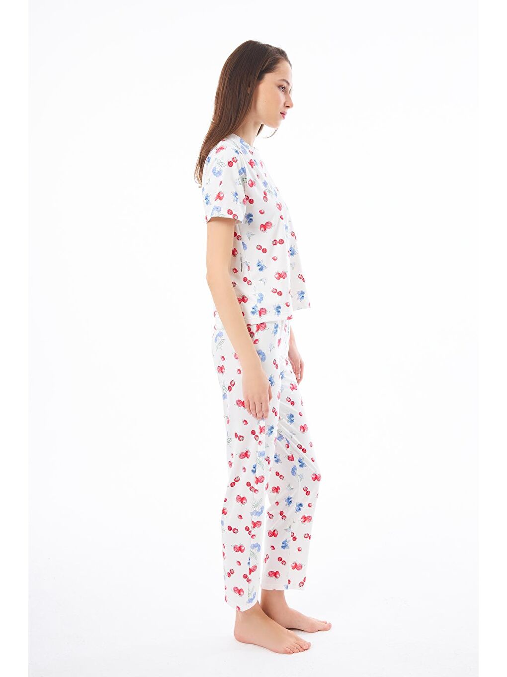 Ekru Premium Kadın Pijama Takımı Meyve Desenli Yumuşak Dokulu Kısa Kollu Bisiklet Yaka-7