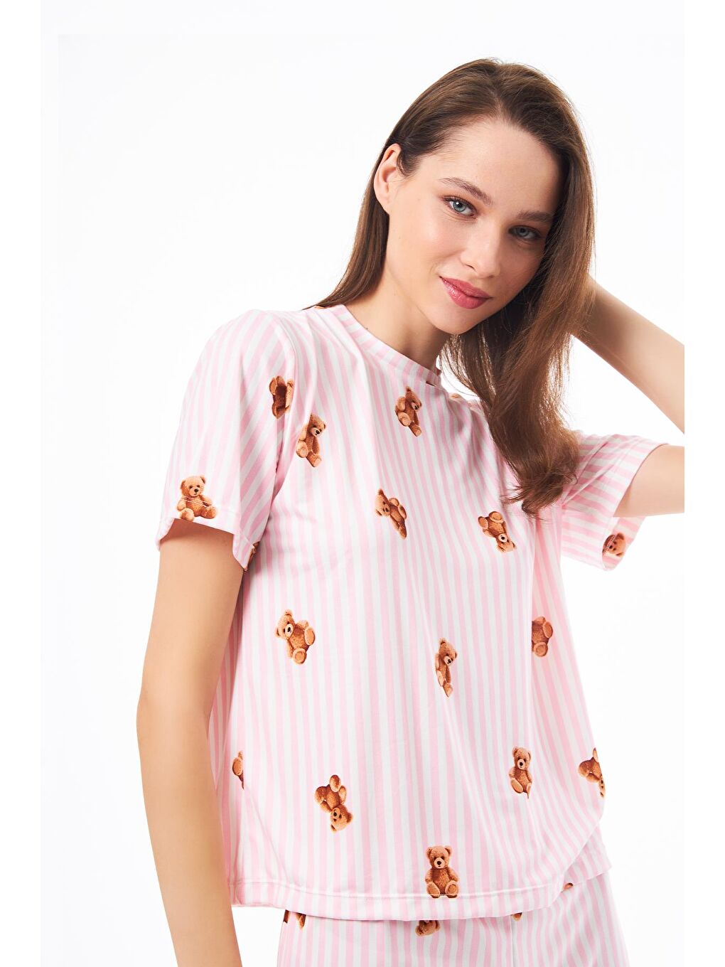 Pembe Premium Kadın Pijama Takımı Krem Ayıcık Desenli Yumuşak Dokulu Kısa Kollu Bisiklet Yaka-5