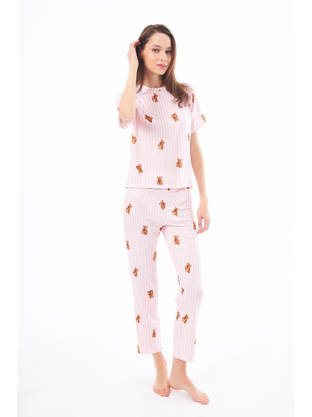Pembe Premium Kadın Pijama Takımı Krem Ayıcık Desenli Yumuşak Dokulu Kısa Kollu Bisiklet Yaka-7