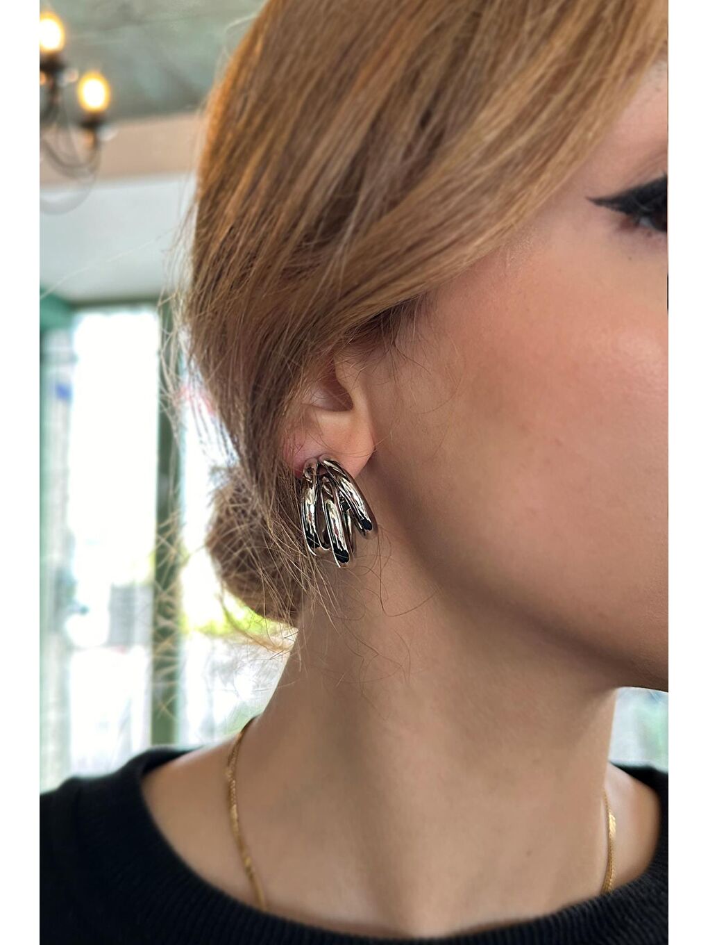 Gri 3 Kollu Modern Halka Küpe-2