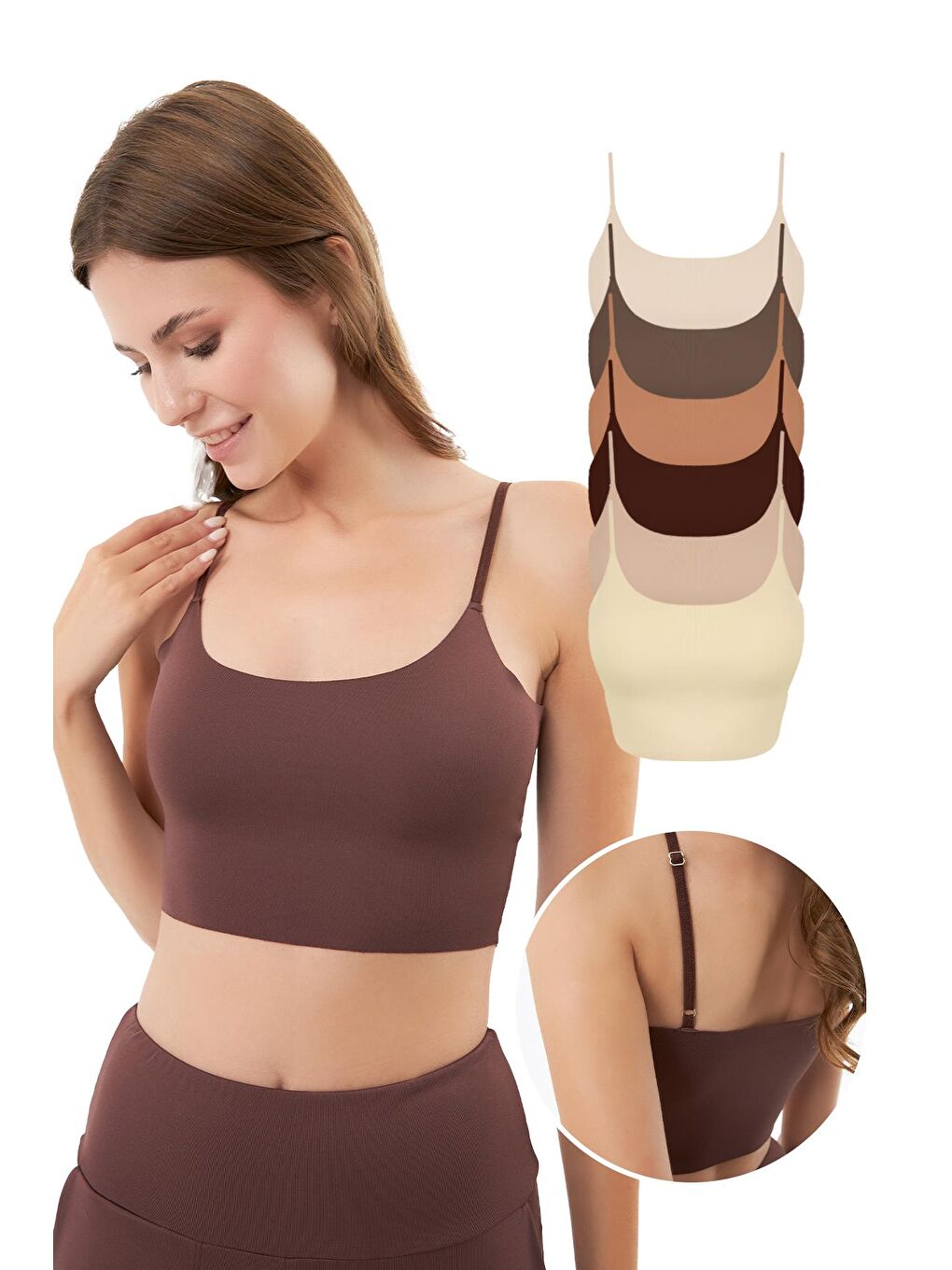 Karışık Ayarlanabilir İnce Askılı Lazer Kesim Crop Büstiyer 6'Lı Paket-1