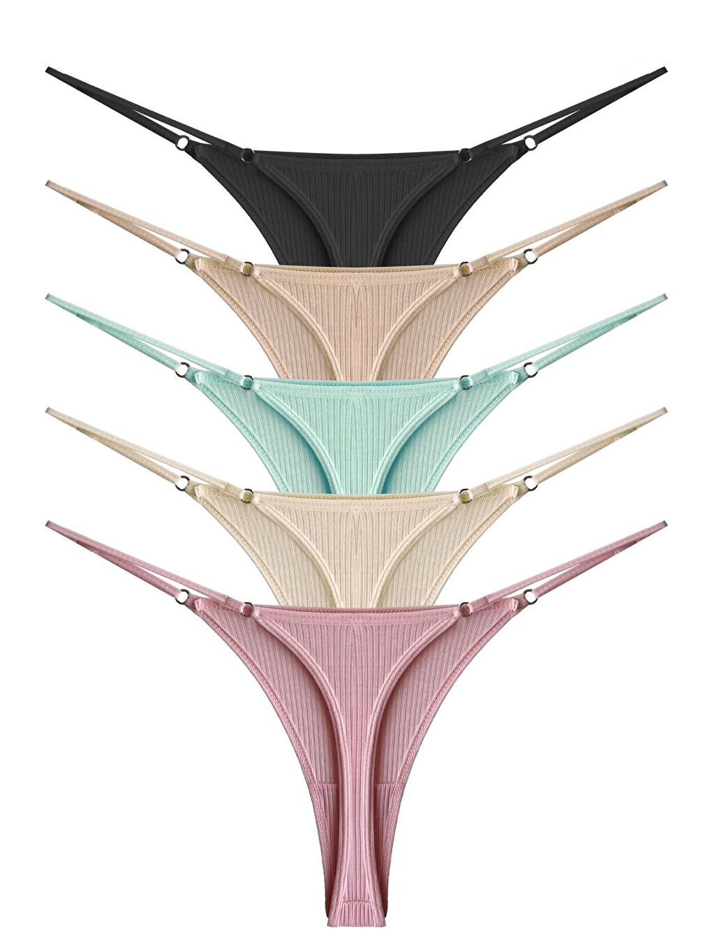 Karışık Pamuklu Ve Elastanlı Ayarlanabilir Lastikli Kaşkorse Fitilli Kadın Tanga Külot 5'Li Paket