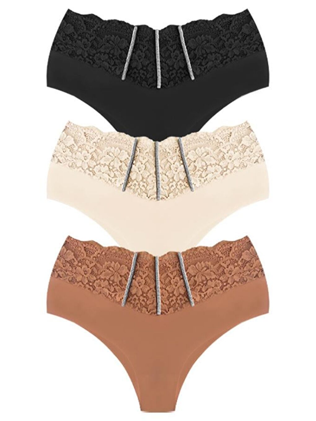 Karışık Dantel Ve Taş Detaylı Lazer Kesim Büyük Beden Kadın Bikini Külot 3'Lü Paket