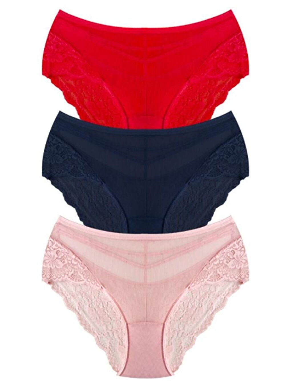 Karışık Transparan Tüllü Dantel Ve Taş Detaylı Büyük Beden Kadın Bikini Külot 3'Lü Paket