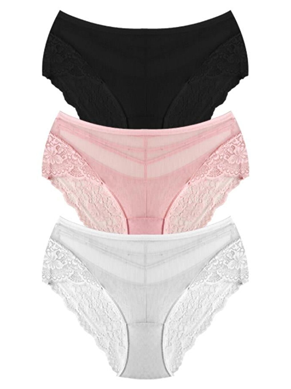 Karışık Transparan Tüllü Dantel Ve Taş Detaylı Büyük Beden Kadın Bikini Külot 3'Lü Paket-2