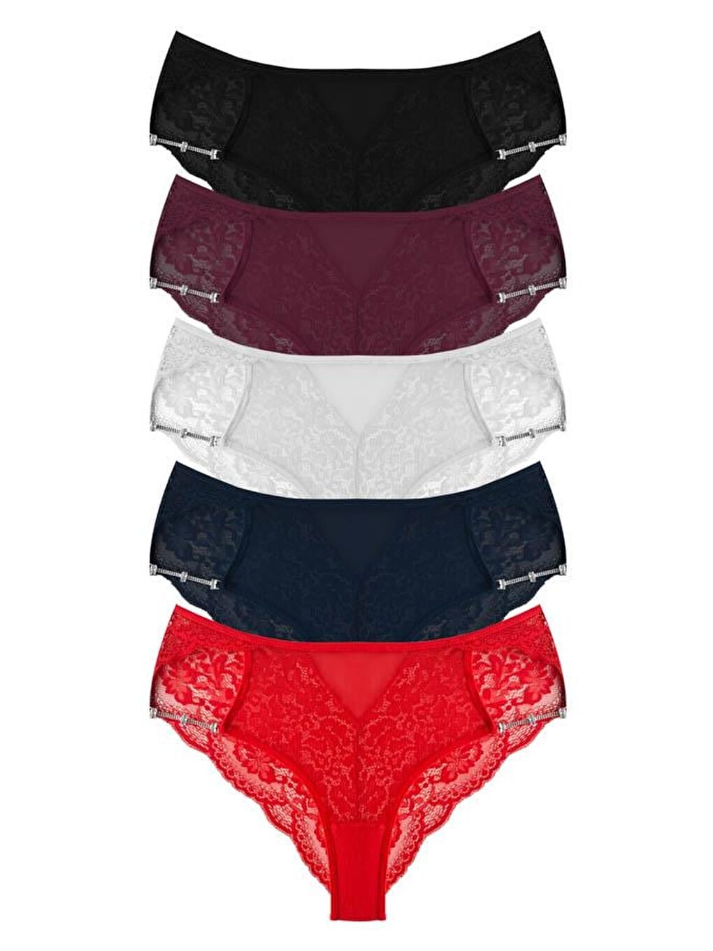 Karışık Transparan Tüllü Dantel Ve Zincir Detaylı Büyük Beden Kadın Bikini Külot 5'Li Paket