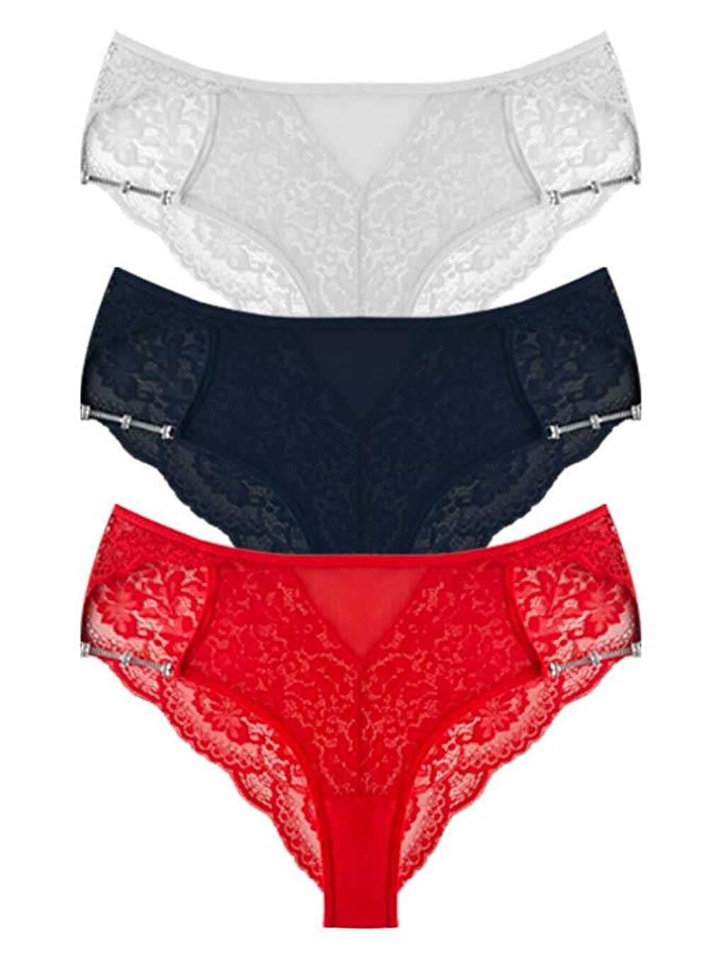 Karışık Transparan Tüllü Dantel Ve Zincir Detaylı Büyük Beden Kadın Bikini Külot 3'Lü Paket