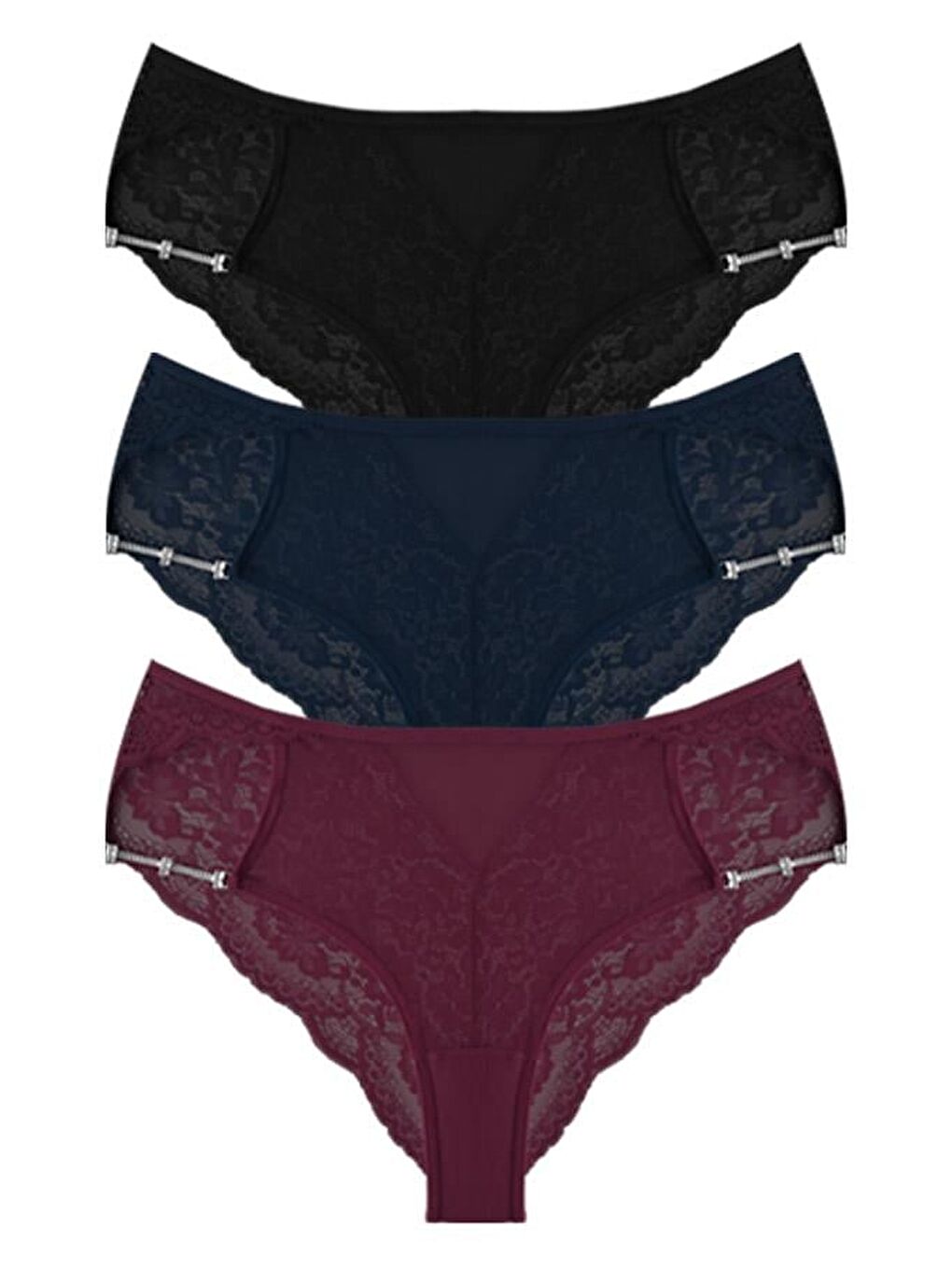 Karışık Transparan Tüllü Dantel Ve Zincir Detaylı Büyük Beden Kadın Bikini Külot 3'Lü Paket-2