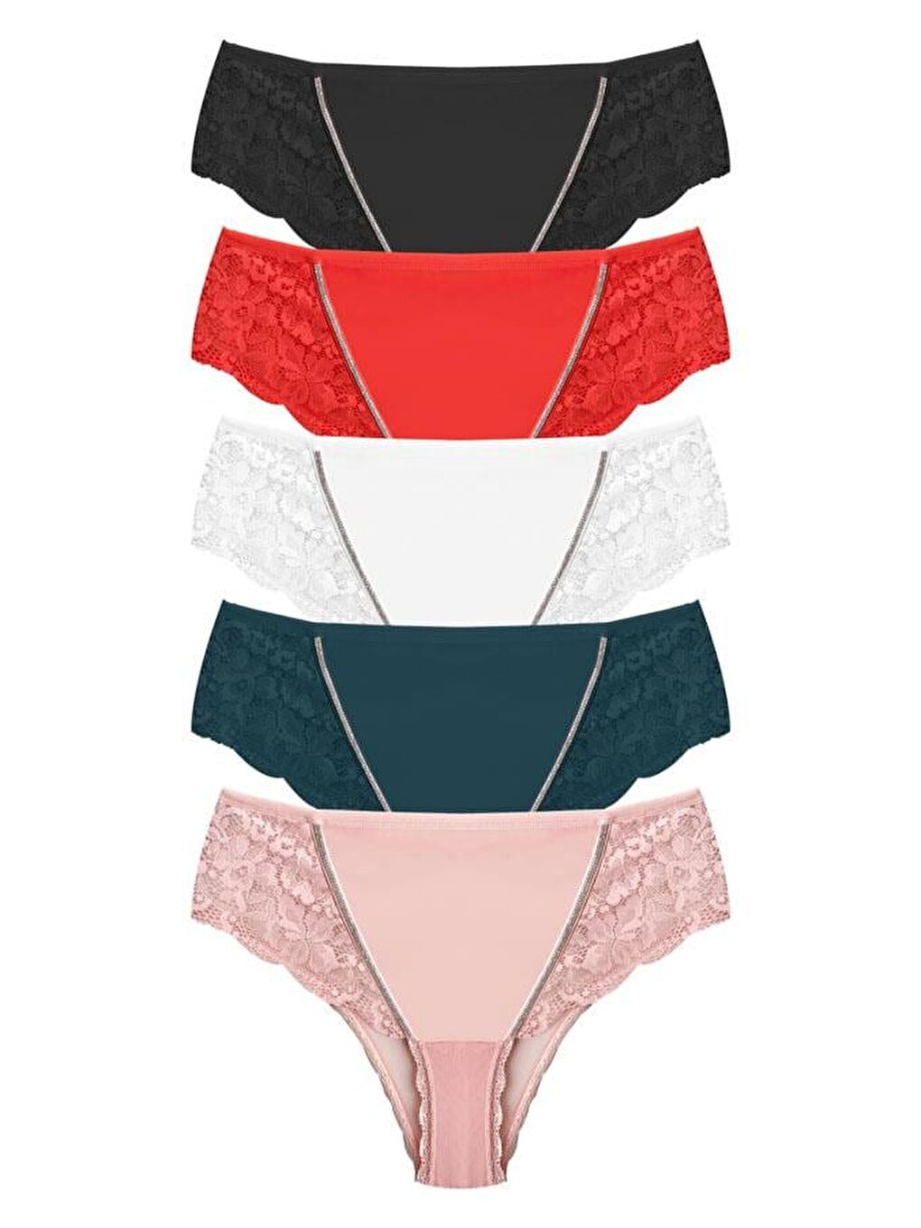 Karışık Transparan Tüllü Dantel Detaylı Büyük Beden Kadın Bikini Külot 5'Li Paket