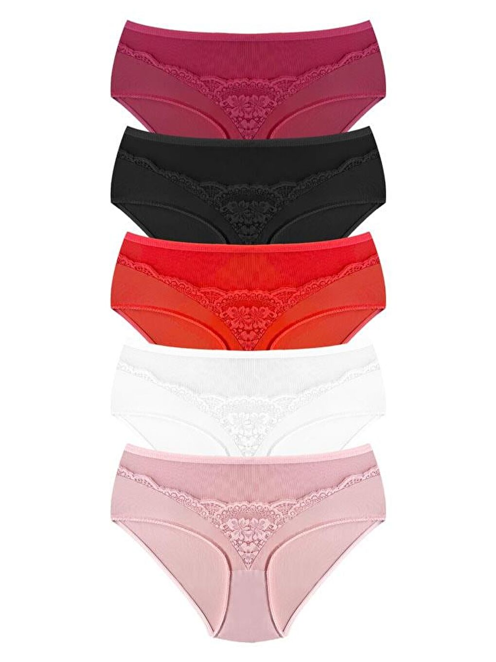 Karışık Transparan Tüllü Dantel Detaylı Beli Lastikli Büyük Beden Kadın Bikini Külot 5'Li Paket