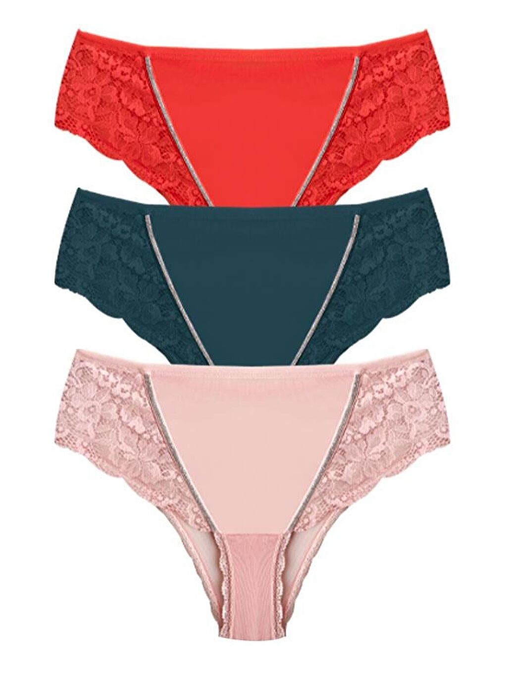 Karışık Transparan Tüllü Dantel Detaylı Büyük Beden Kadın Bikini Külot 3'Lü Paket