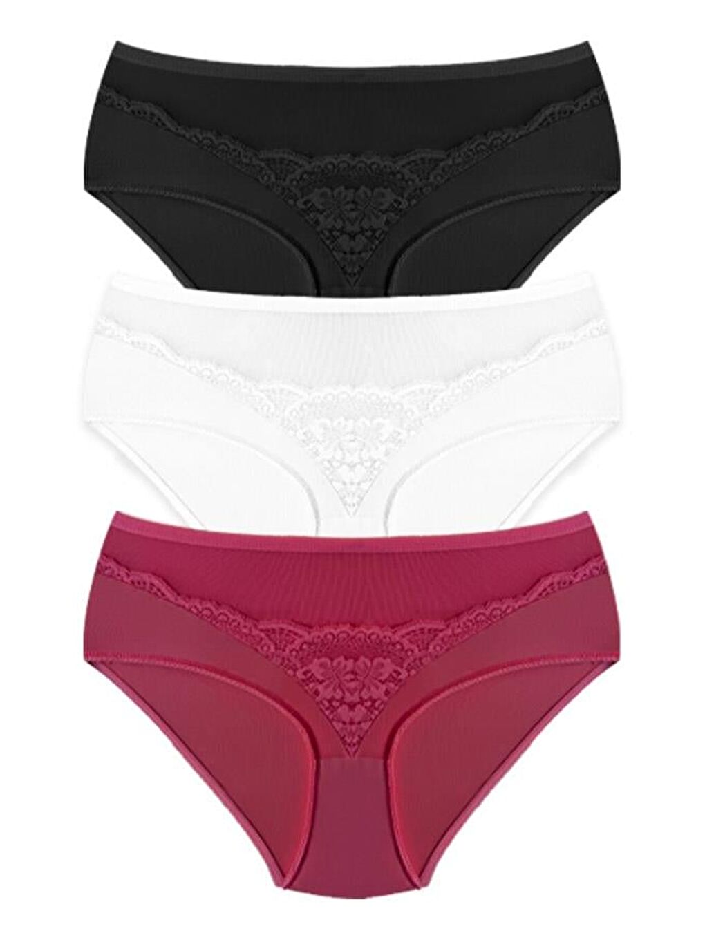 Karışık Transparan Tüllü Dantel Detaylı Beli Lastikli Büyük Beden Kadın Bikini Külot 3'Lü Paket-2