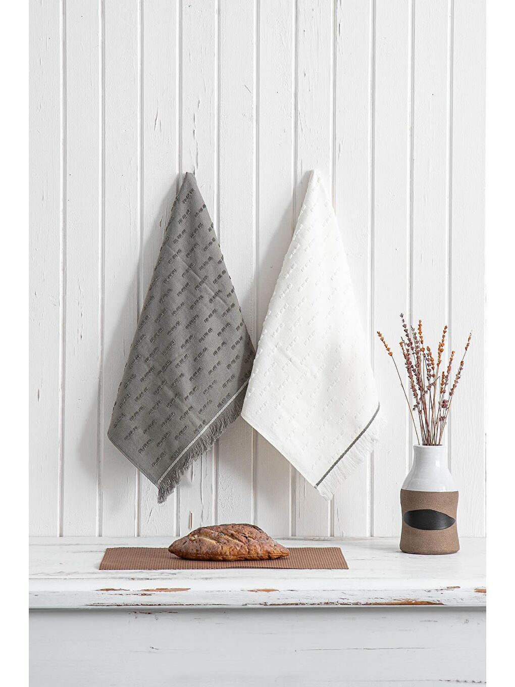 Pera 2'li Mutfak Havlusu %100 Pamuk Pike-Bukle Krem-Antrasit 50X70 Cm-4