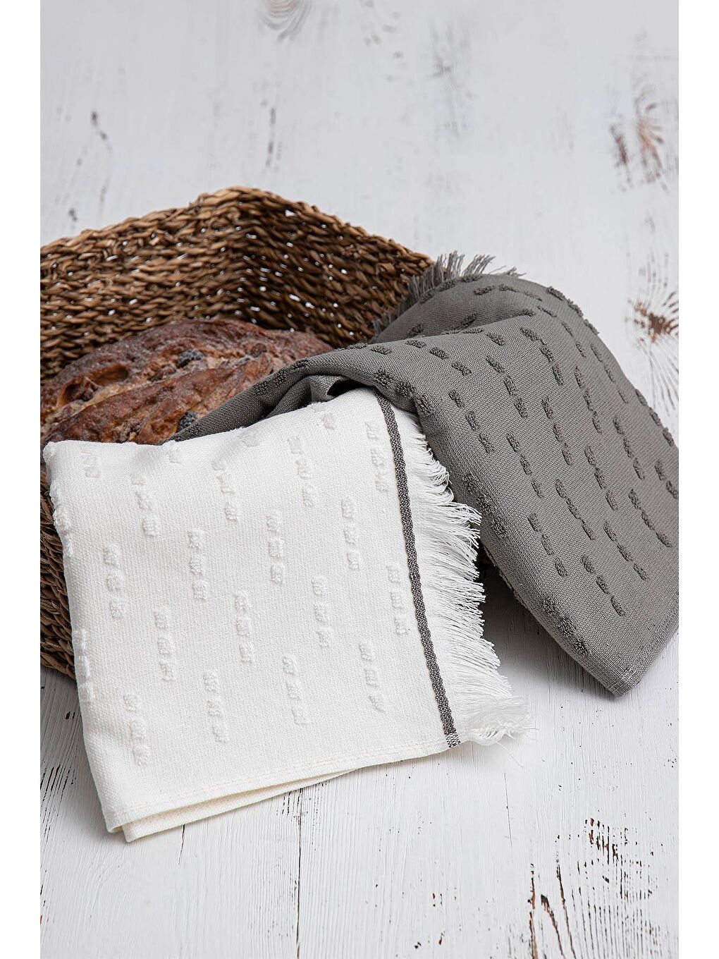 Pera 2'li Mutfak Havlusu %100 Pamuk Pike-Bukle Krem-Antrasit 50X70 Cm-8