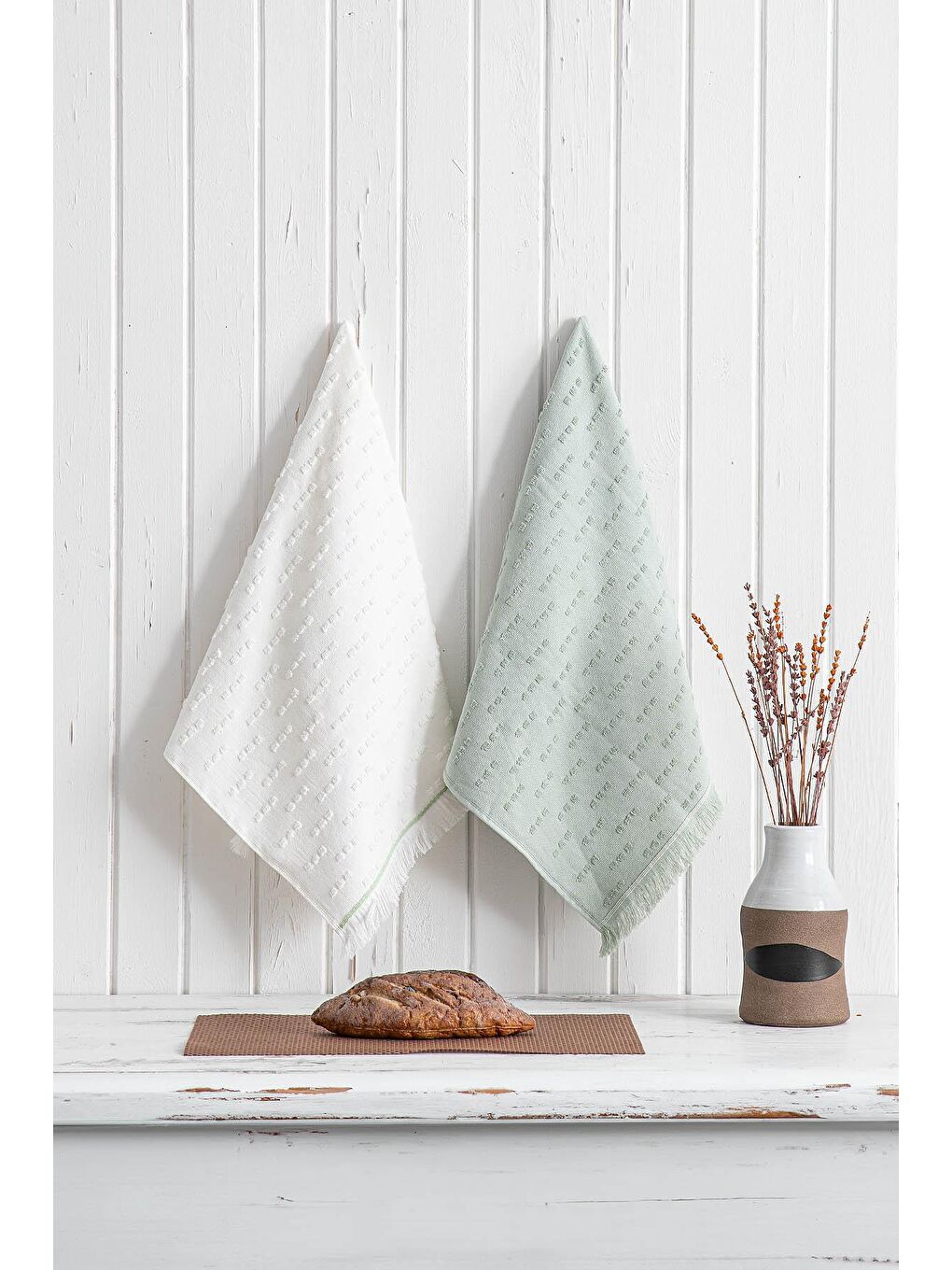 Yeşil Pera 2'li Mutfak Havlusu %100 Pamuk Pike-Bukle Krem-Mint 50X70 Cm-4