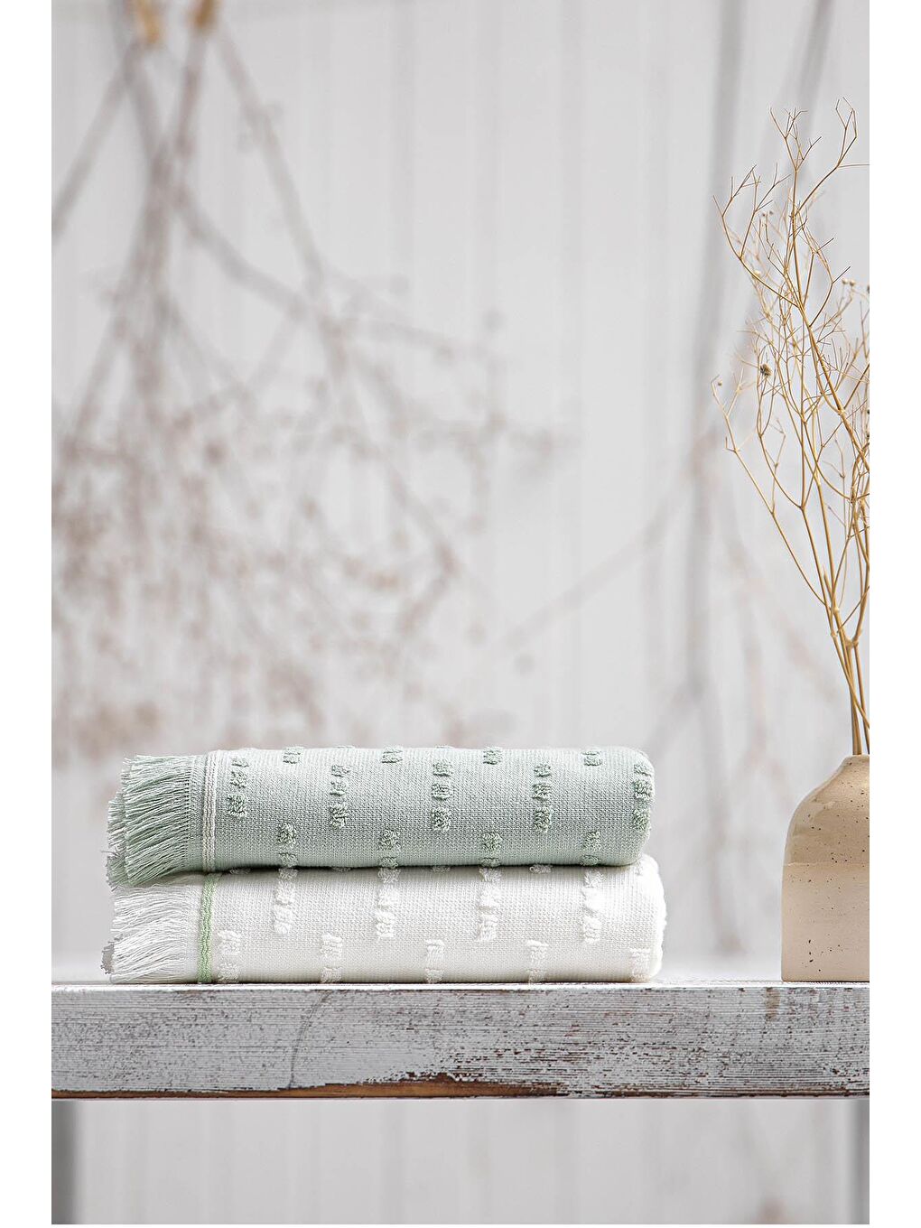 Yeşil Pera 2'li Mutfak Havlusu %100 Pamuk Pike-Bukle Krem-Mint 50X70 Cm-7