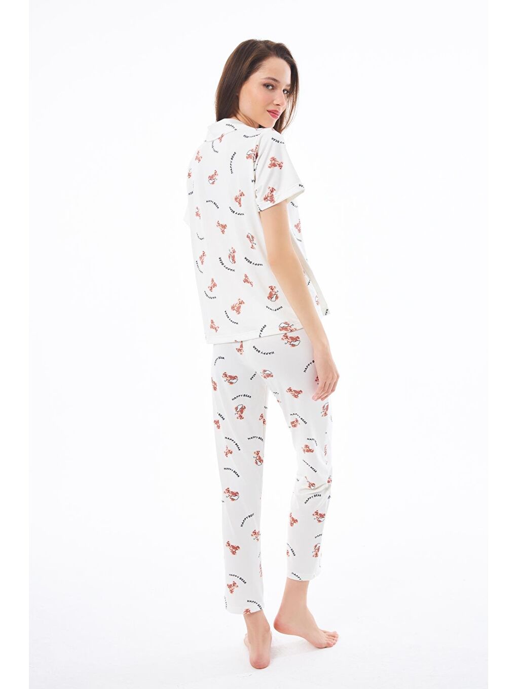 Ekru Premium Kadın Pijama Takımı Ayıcık Desenli Yumuşak Dokulu Kısa Kollu Gömlek Yaka-1