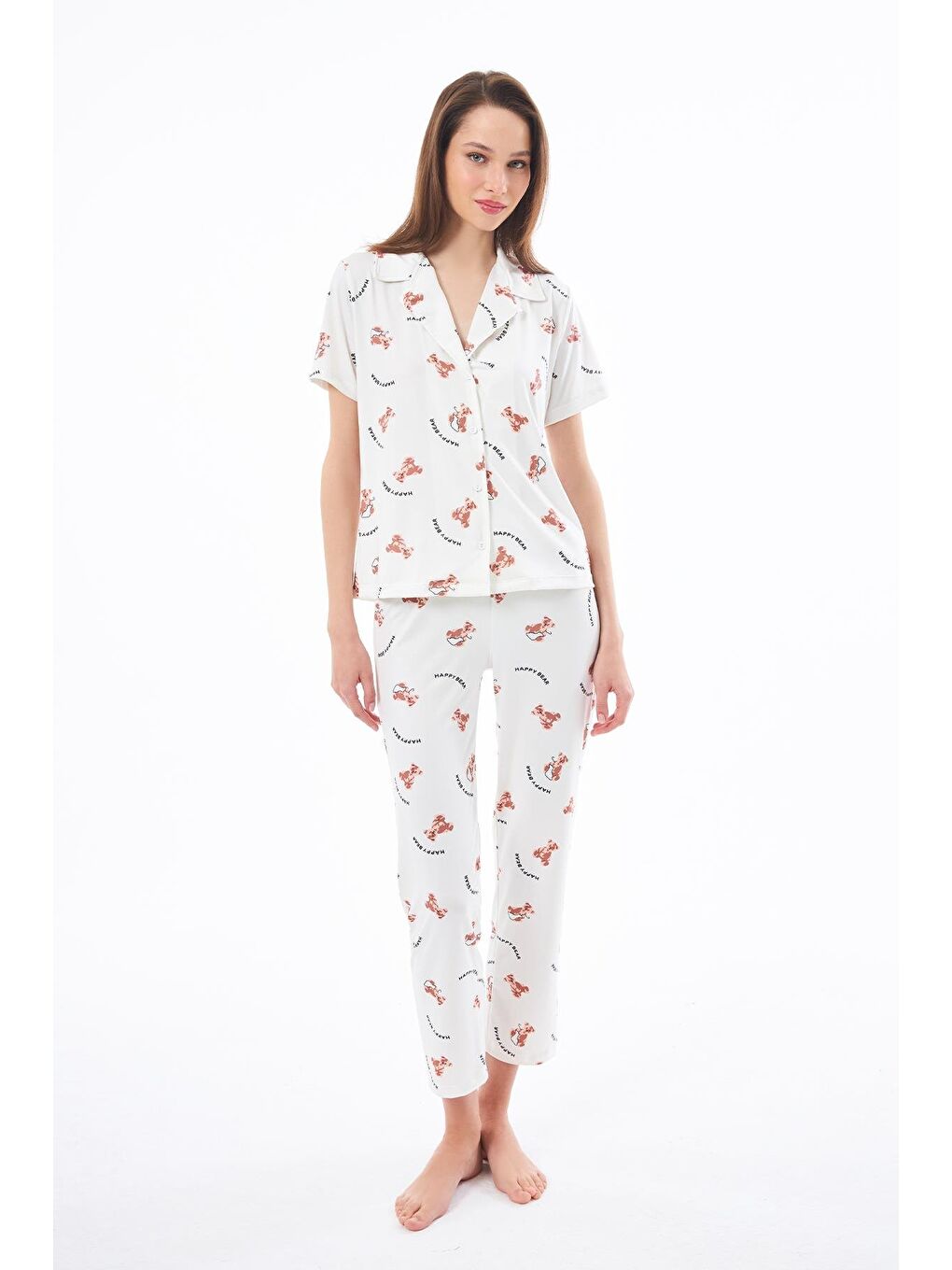 Ekru Premium Kadın Pijama Takımı Ayıcık Desenli Yumuşak Dokulu Kısa Kollu Gömlek Yaka-2