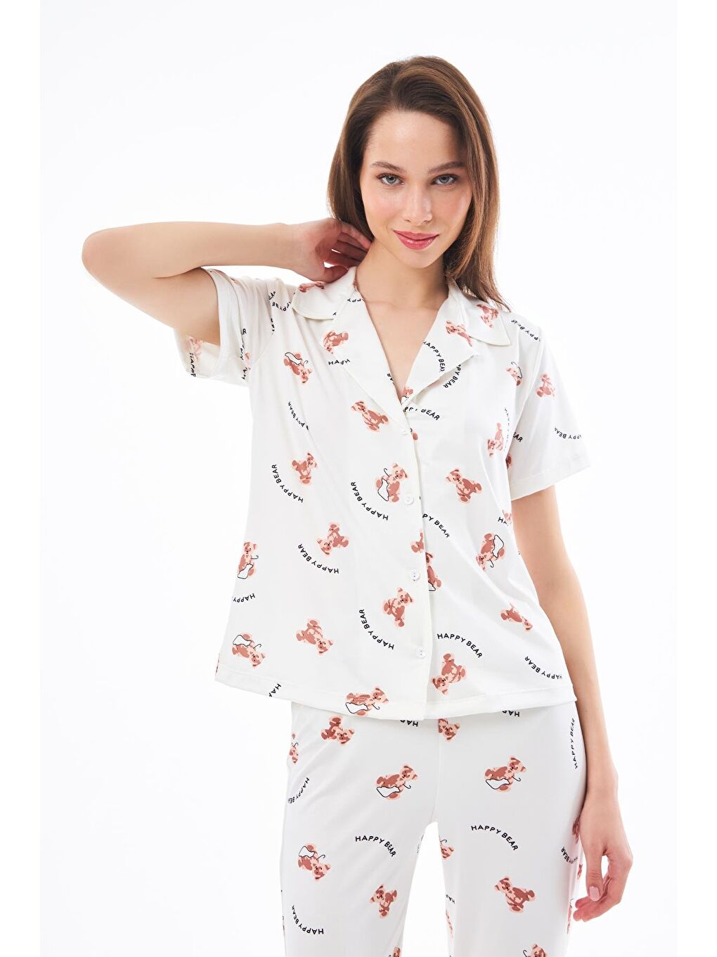 Ekru Premium Kadın Pijama Takımı Ayıcık Desenli Yumuşak Dokulu Kısa Kollu Gömlek Yaka-3