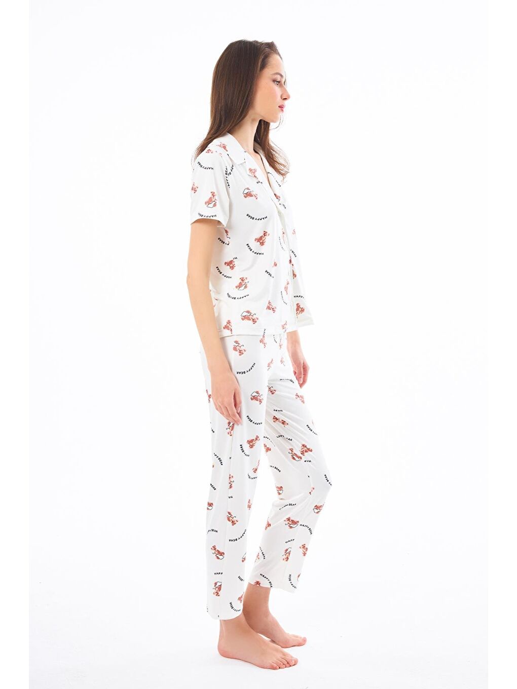 Ekru Premium Kadın Pijama Takımı Ayıcık Desenli Yumuşak Dokulu Kısa Kollu Gömlek Yaka-4
