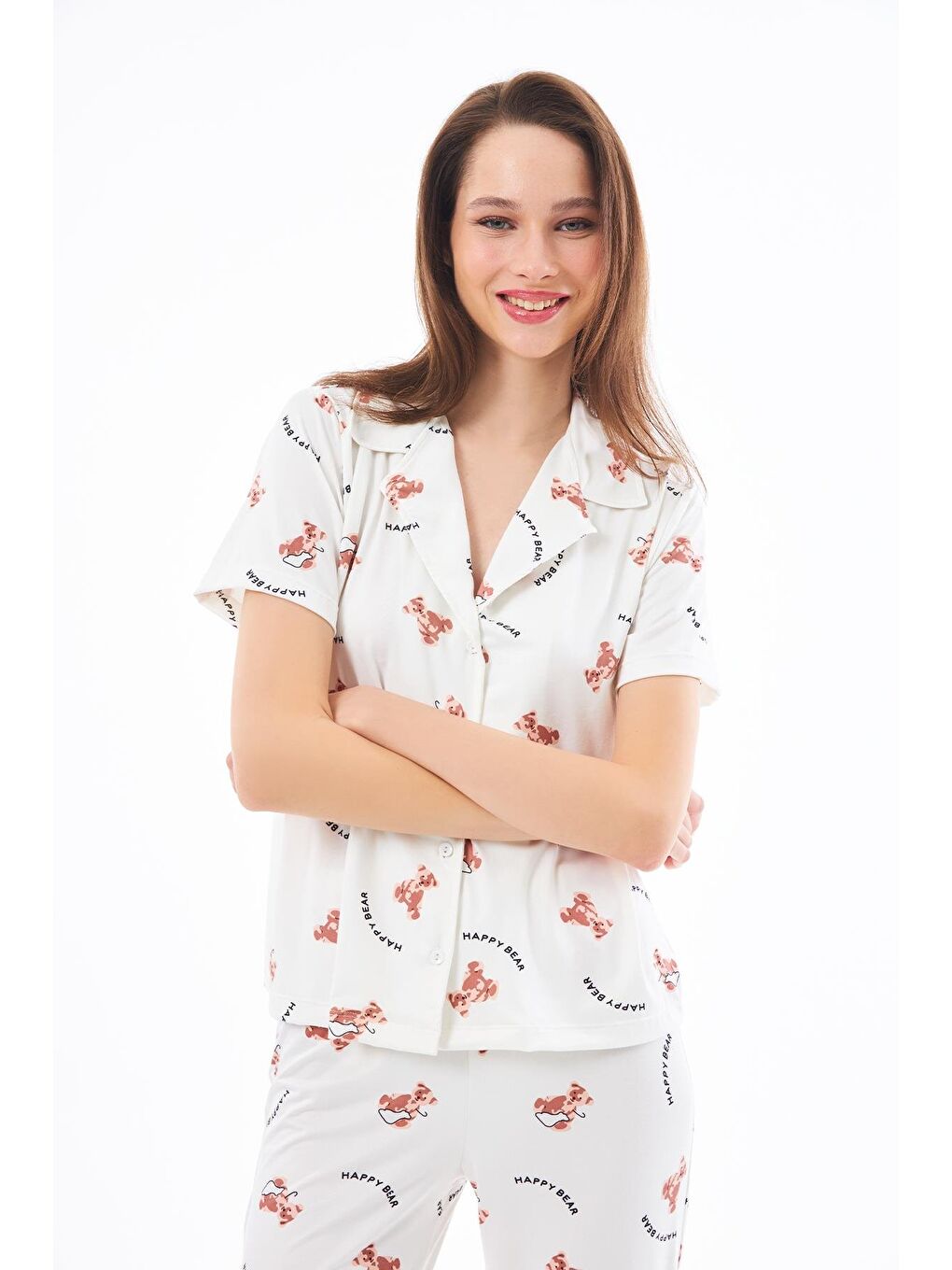 Ekru Premium Kadın Pijama Takımı Ayıcık Desenli Yumuşak Dokulu Kısa Kollu Gömlek Yaka-5
