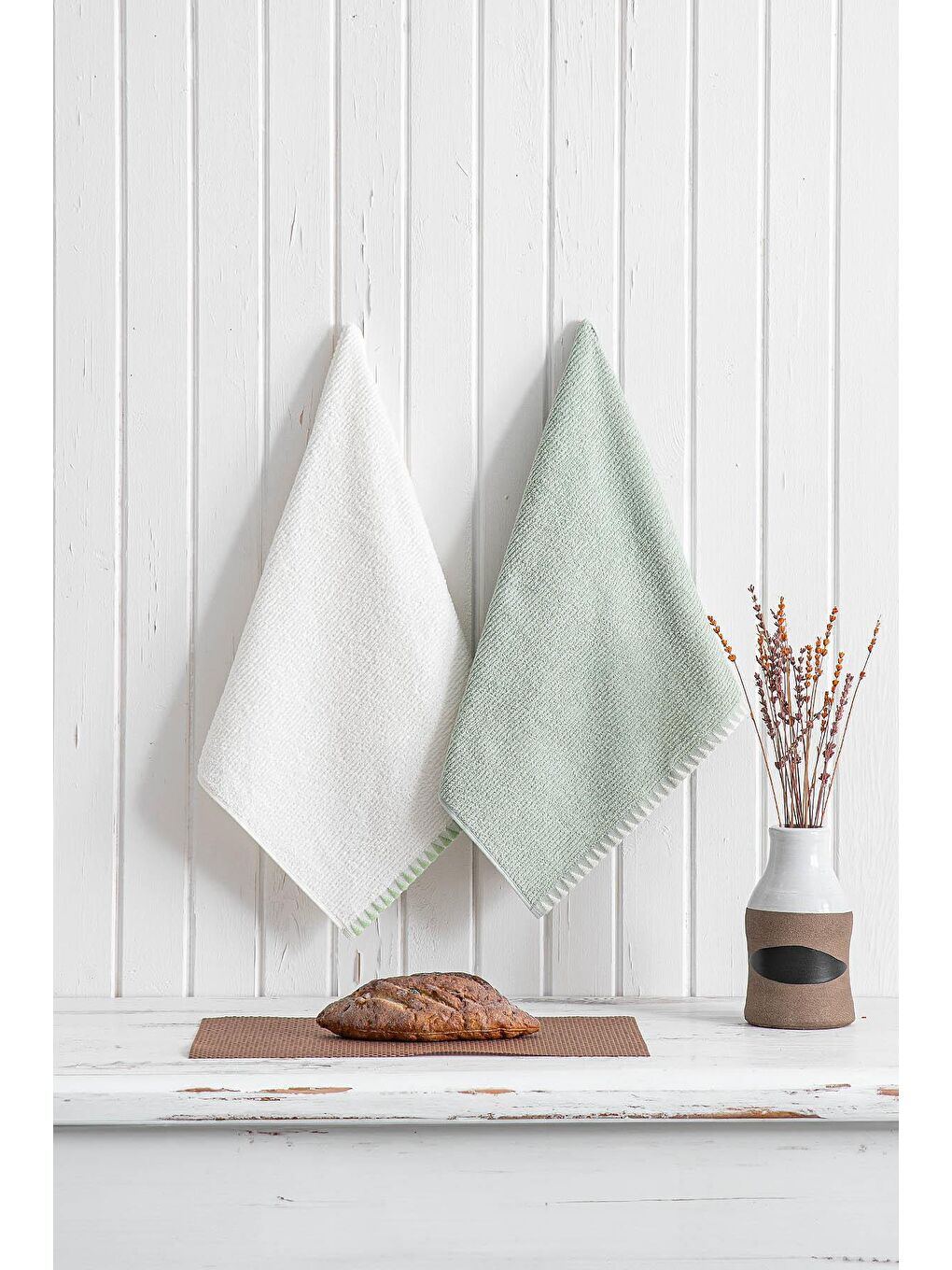 Yeşil Vera 2'li Mutfak Havlusu %100 Pamuk Bukle-Bukle Krem-Mint 50X70 Cm-4