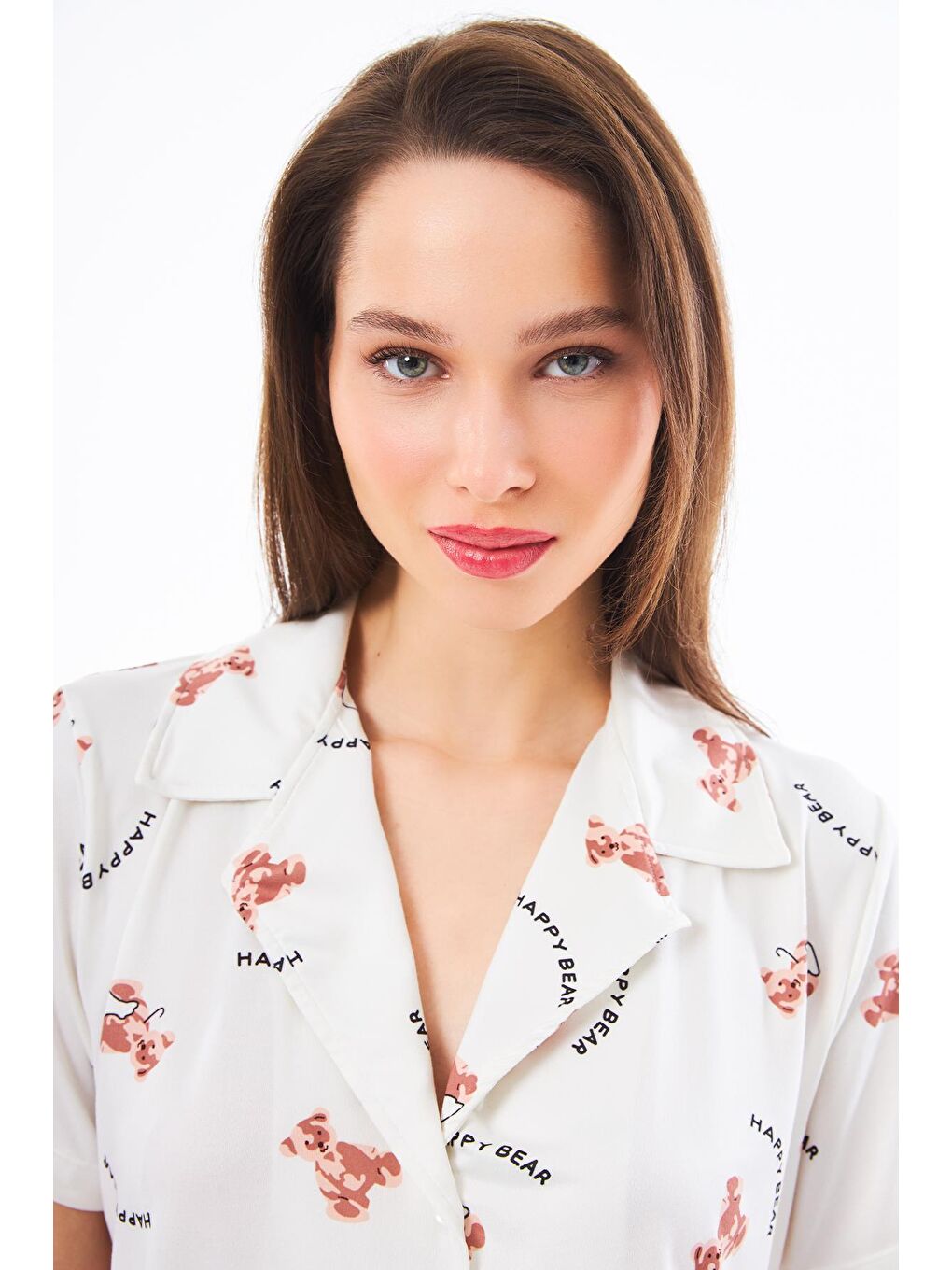 Ekru Premium Kadın Pijama Takımı Ayıcık Desenli Yumuşak Dokulu Kısa Kollu Gömlek Yaka-6