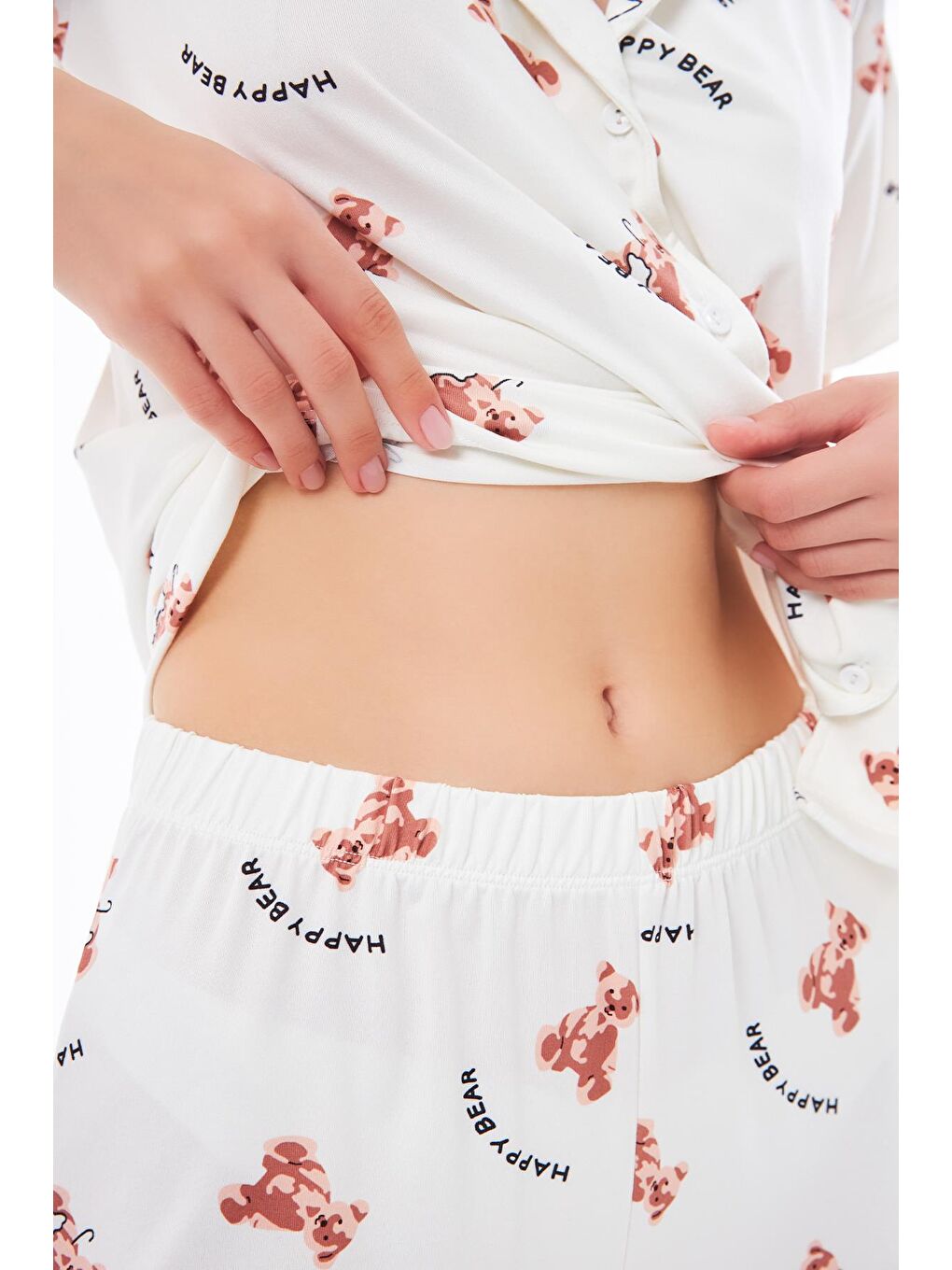 Ekru Premium Kadın Pijama Takımı Ayıcık Desenli Yumuşak Dokulu Kısa Kollu Gömlek Yaka-8