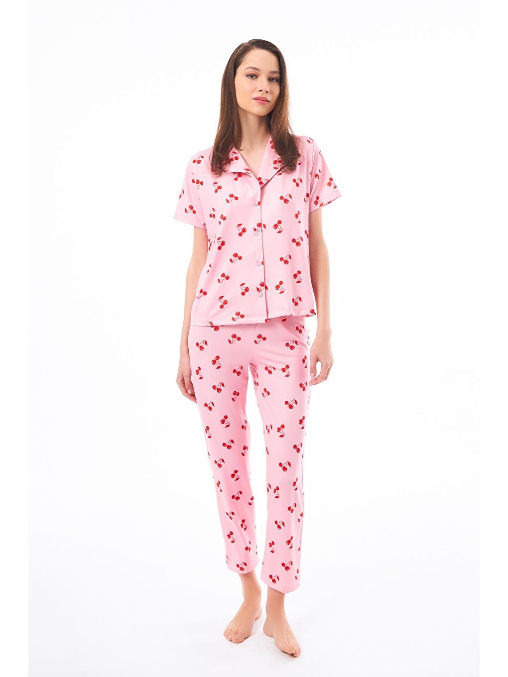 Pembe Premium Kadın Pijama Takımı Kiraz Desenli Yumuşak Dokulu Kısa Kollu Gömlek Yaka