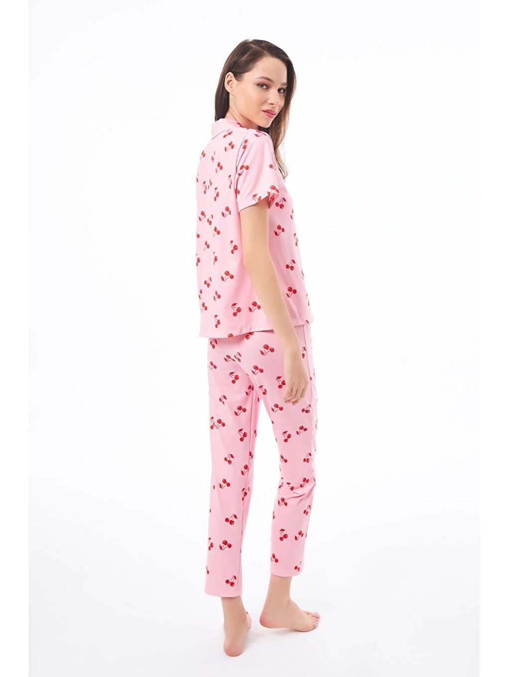 Pembe Premium Kadın Pijama Takımı Kiraz Desenli Yumuşak Dokulu Kısa Kollu Gömlek Yaka-1