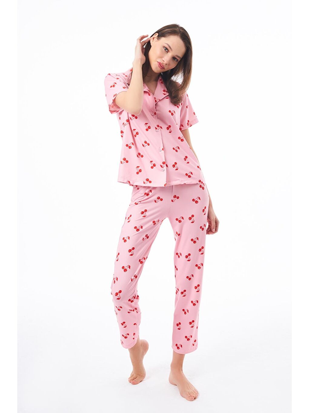Pembe Premium Kadın Pijama Takımı Kiraz Desenli Yumuşak Dokulu Kısa Kollu Gömlek Yaka-2