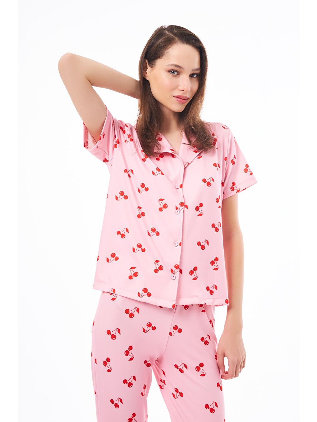 Pembe Premium Kadın Pijama Takımı Kiraz Desenli Yumuşak Dokulu Kısa Kollu Gömlek Yaka-3