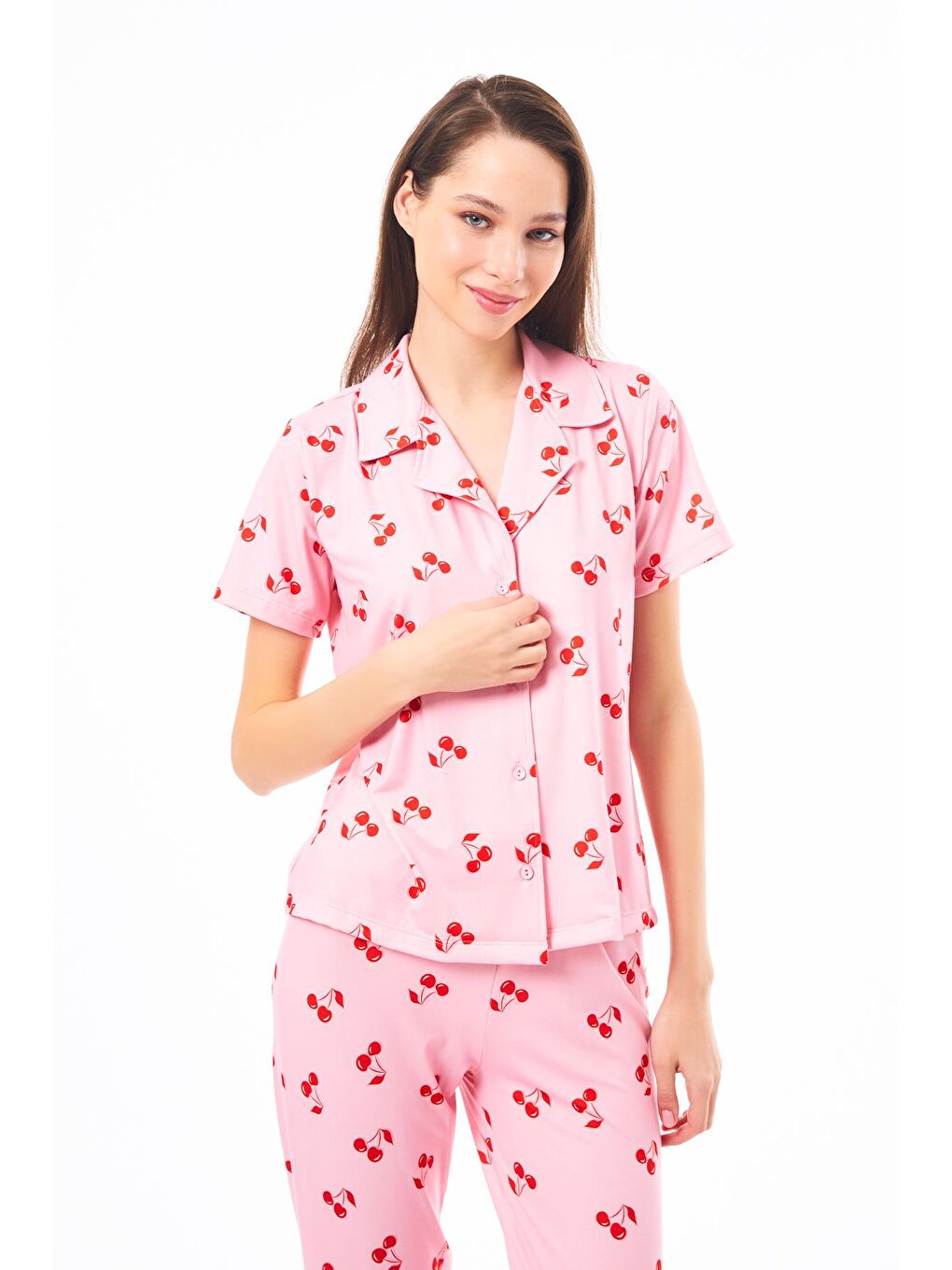 Pembe Premium Kadın Pijama Takımı Kiraz Desenli Yumuşak Dokulu Kısa Kollu Gömlek Yaka-5