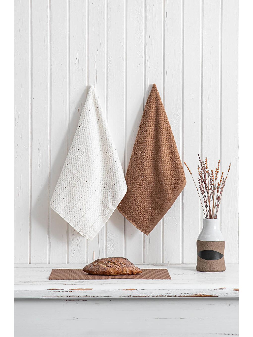 Kahverengi Parla 2'li Mutfak Havlusu %100 Pamuk Bukle-Bukle Krem-Kahve 50X70 Cm-4