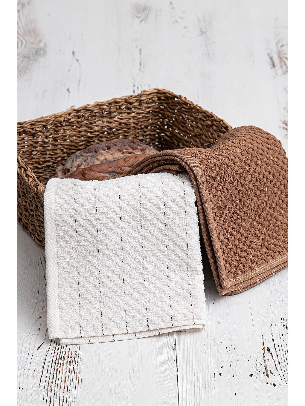 Kahverengi Parla 2'li Mutfak Havlusu %100 Pamuk Bukle-Bukle Krem-Kahve 50X70 Cm-8